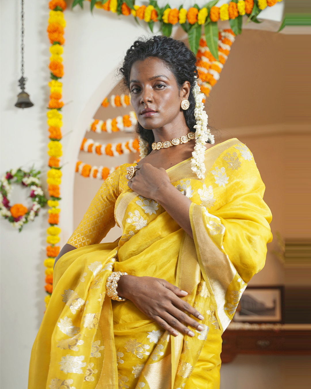Mustard Banarasi Kora Silk Saree