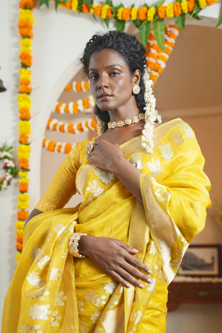 Mustard Banarasi Kora Silk Saree