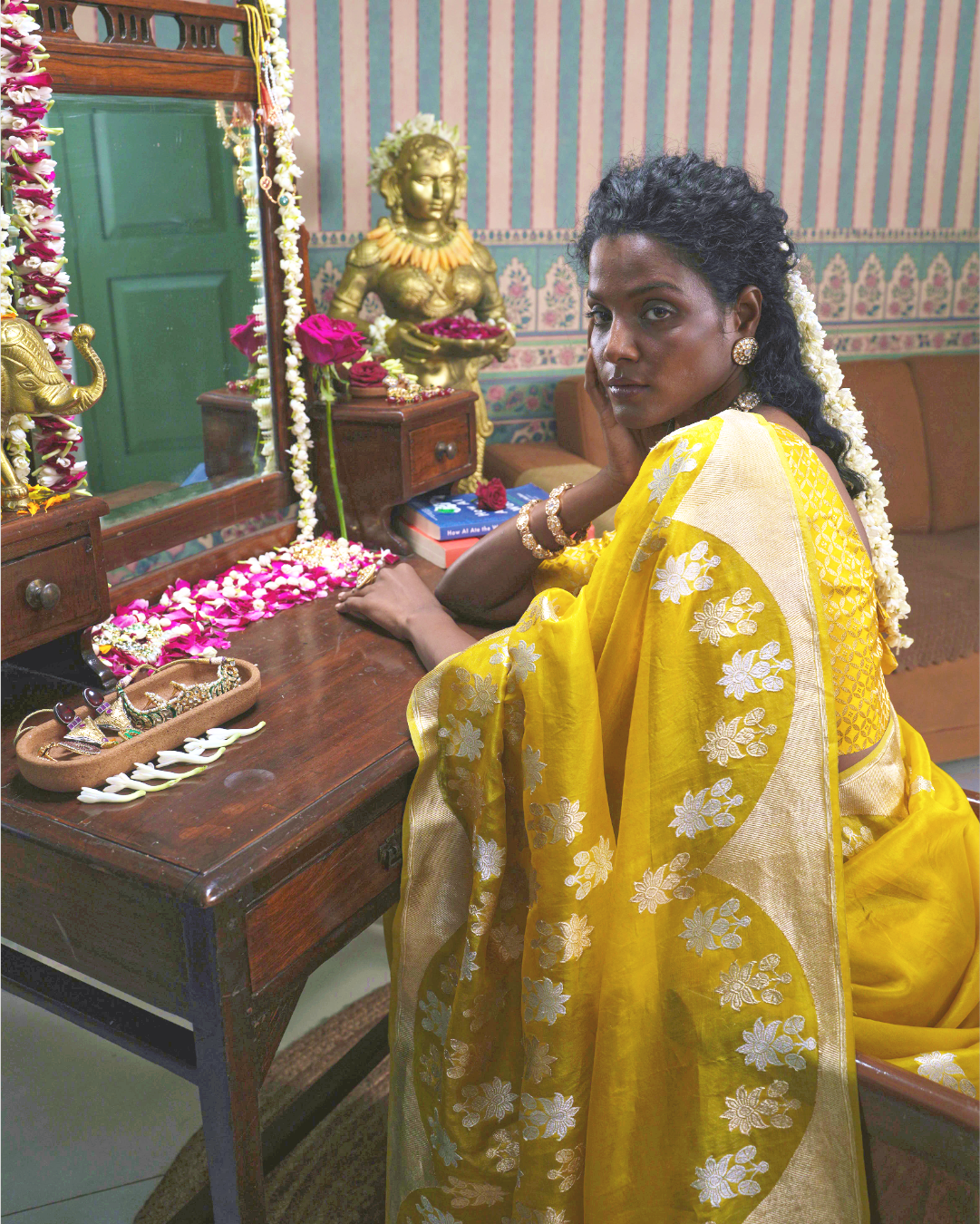 Mustard Banarasi Kora Silk Saree