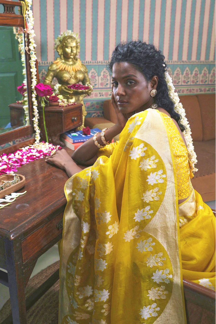 Mustard Banarasi Kora Silk Saree