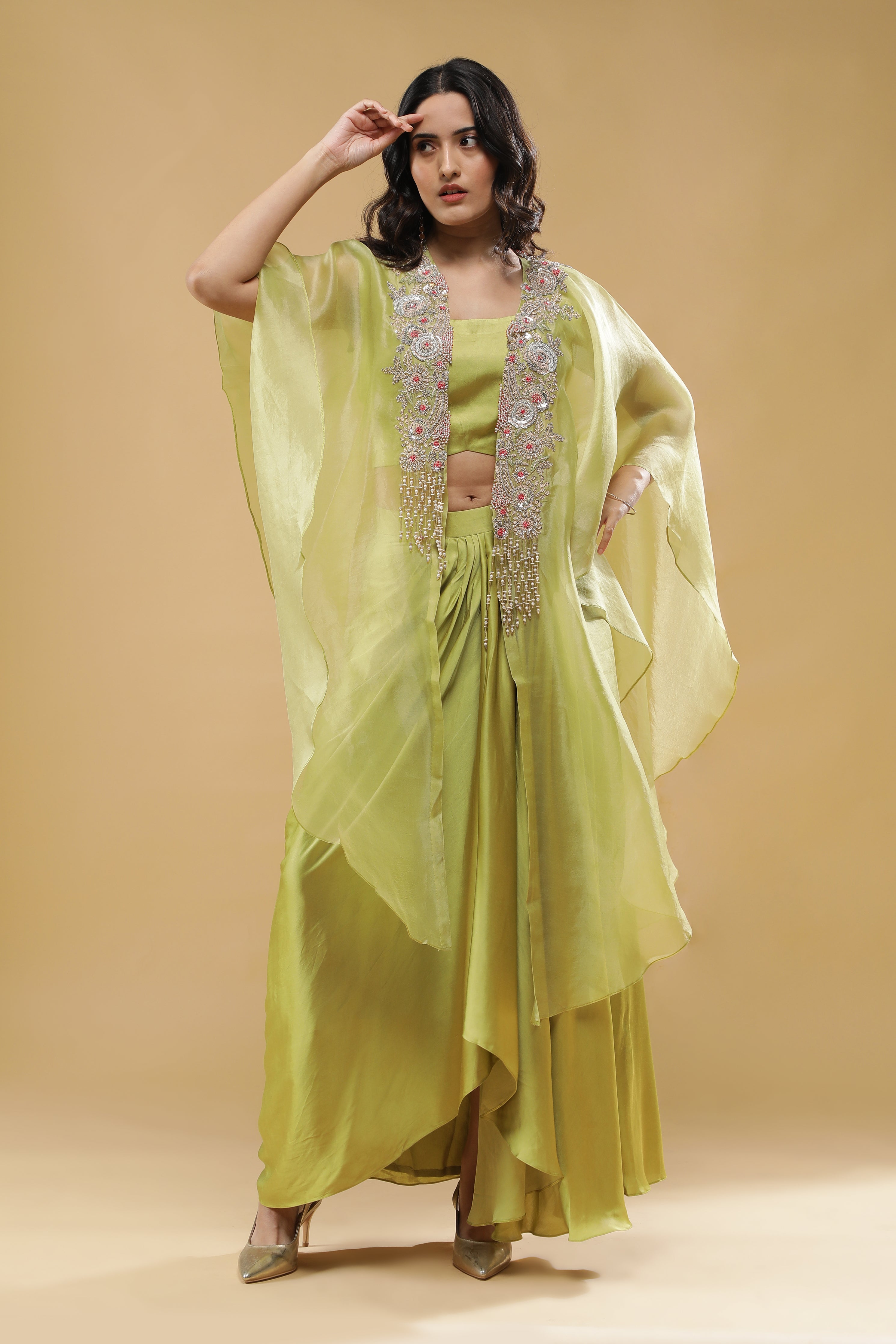 Lime Green Organza Cape with Satin Silk Skirt Set