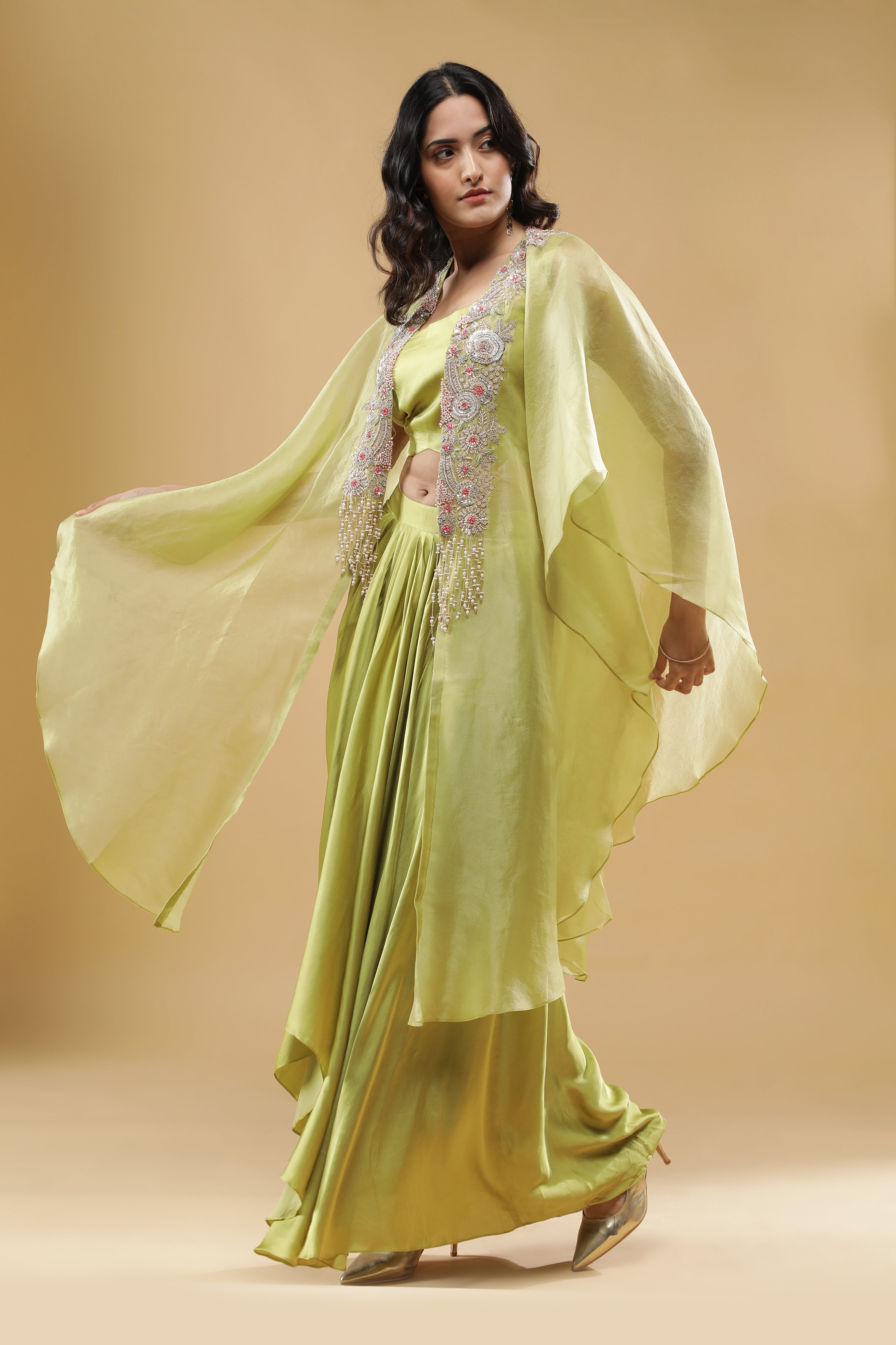 Lime Green Organza Cape with Satin Silk Skirt Set