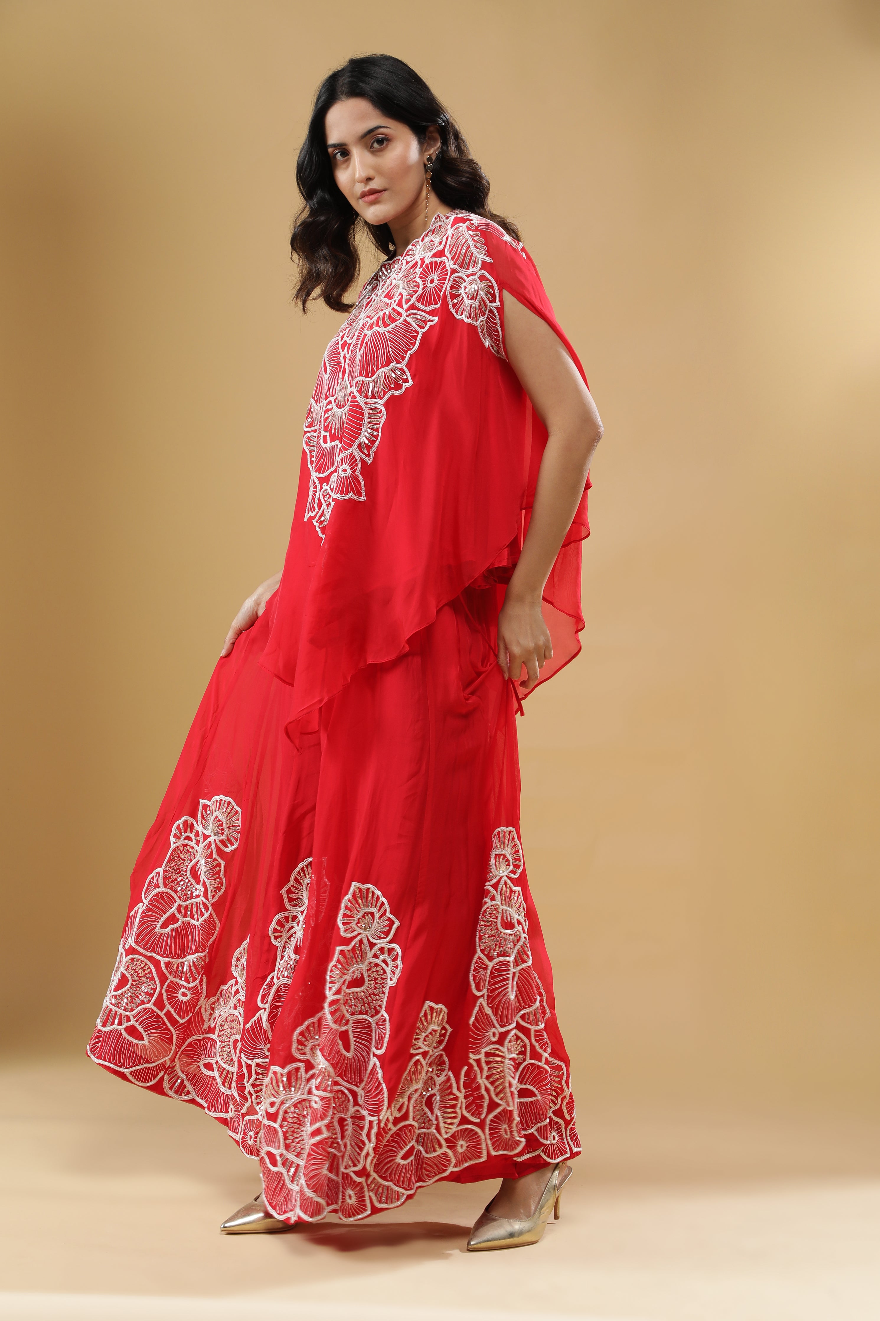 Red Organza Cape Set