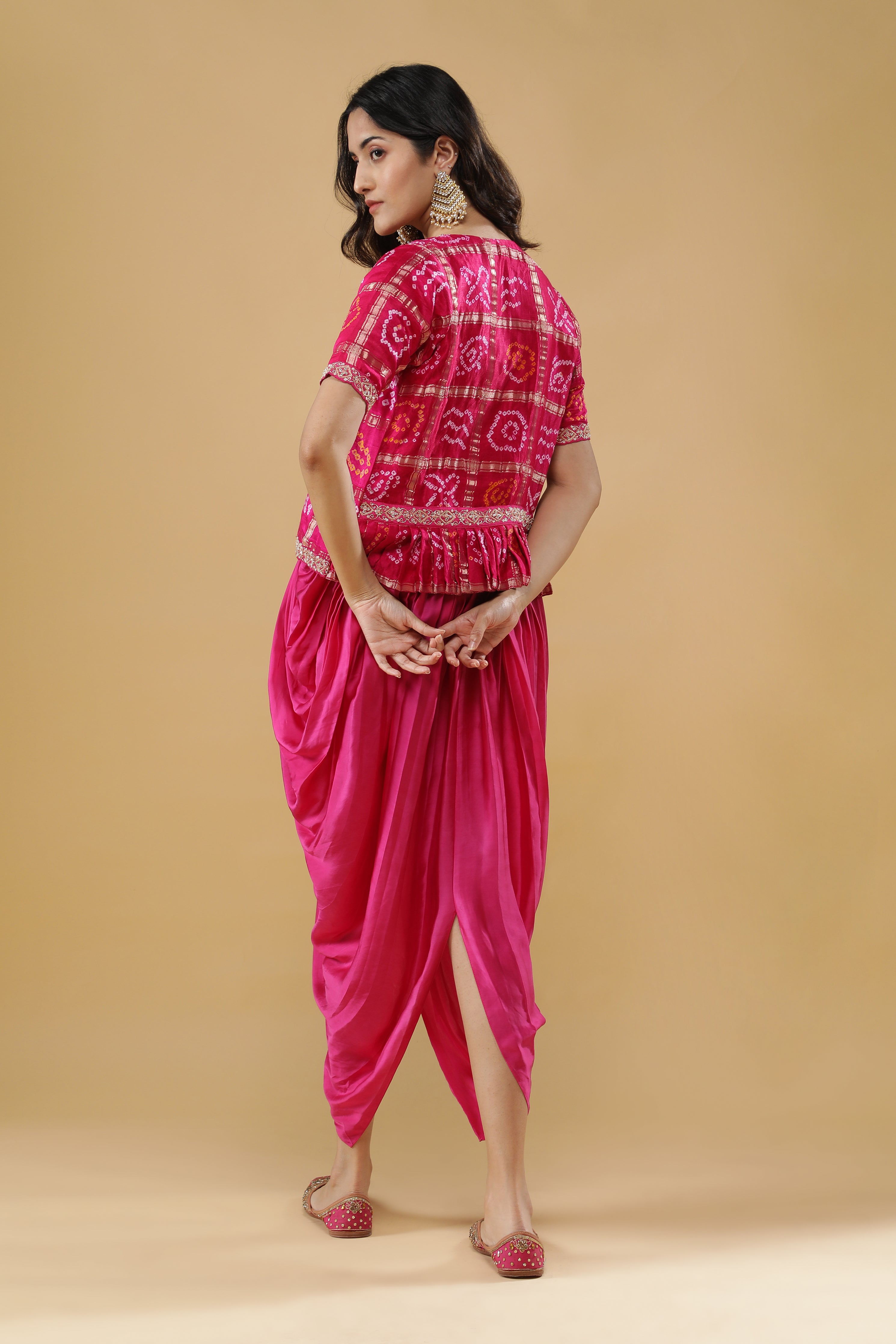 Pink Satin Silk Drape Gown with Bandhej Jacket