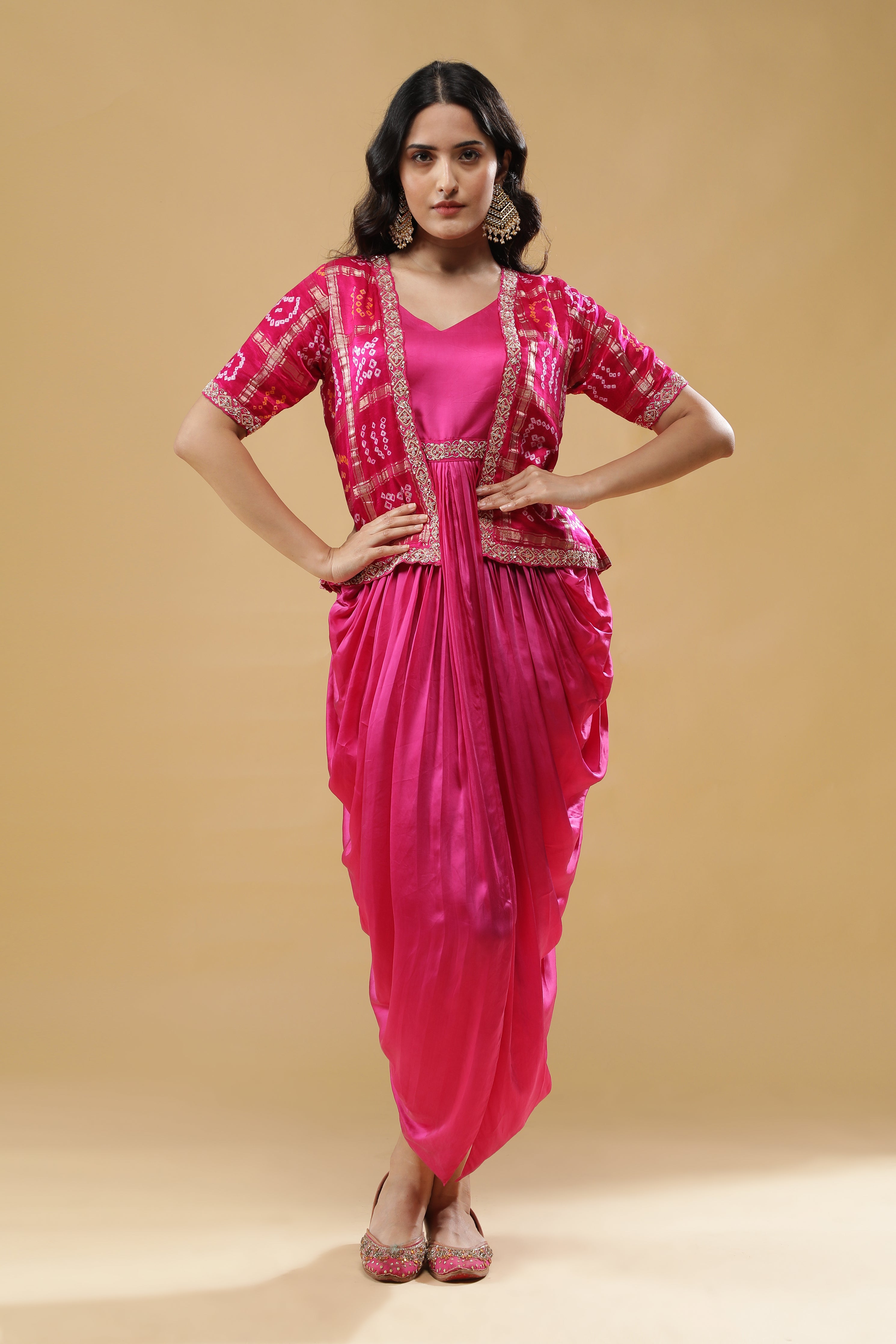 Pink Satin Silk Drape Gown with Bandhej Jacket