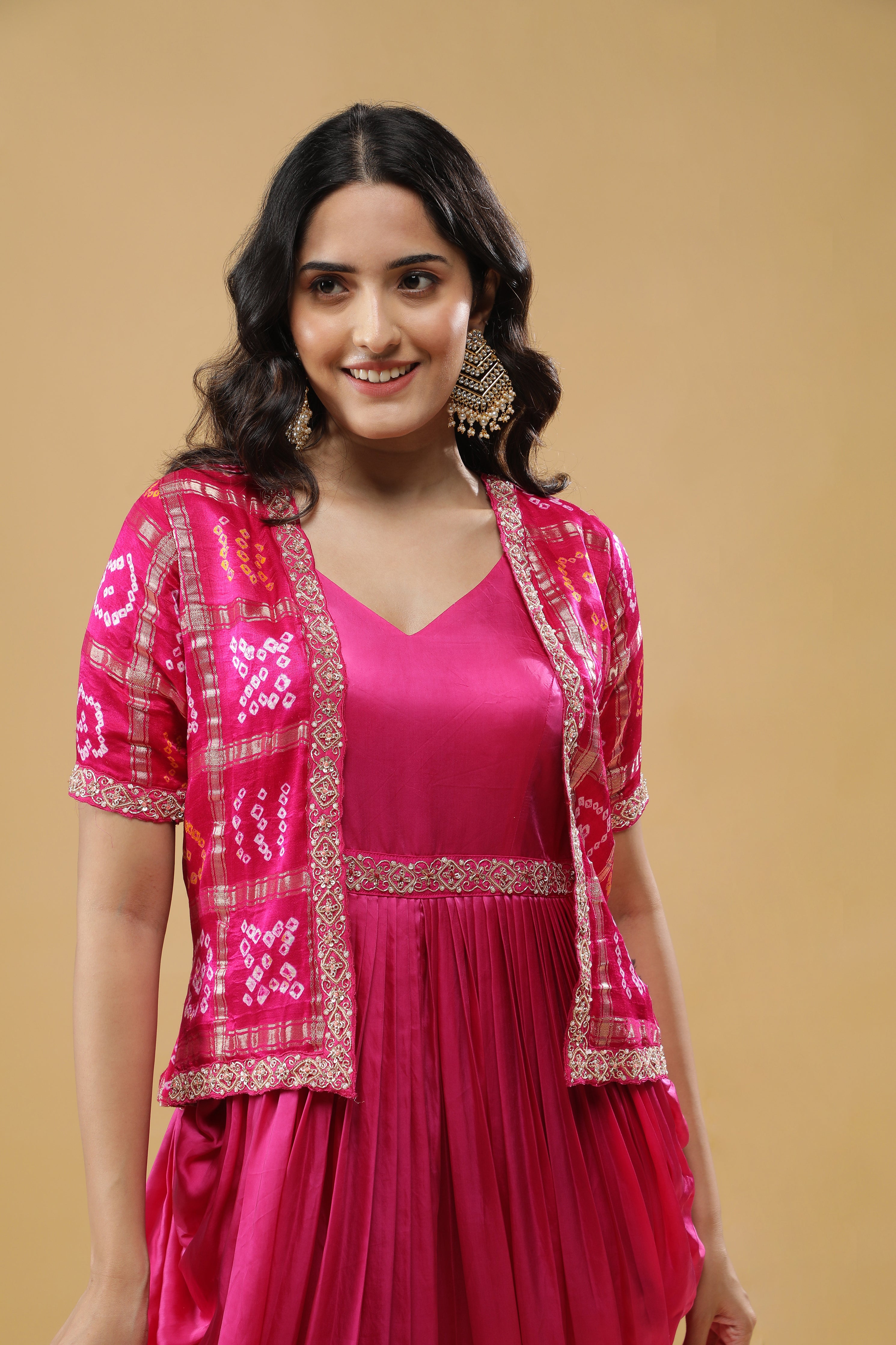 Pink Satin Silk Drape Gown with Bandhej Jacket