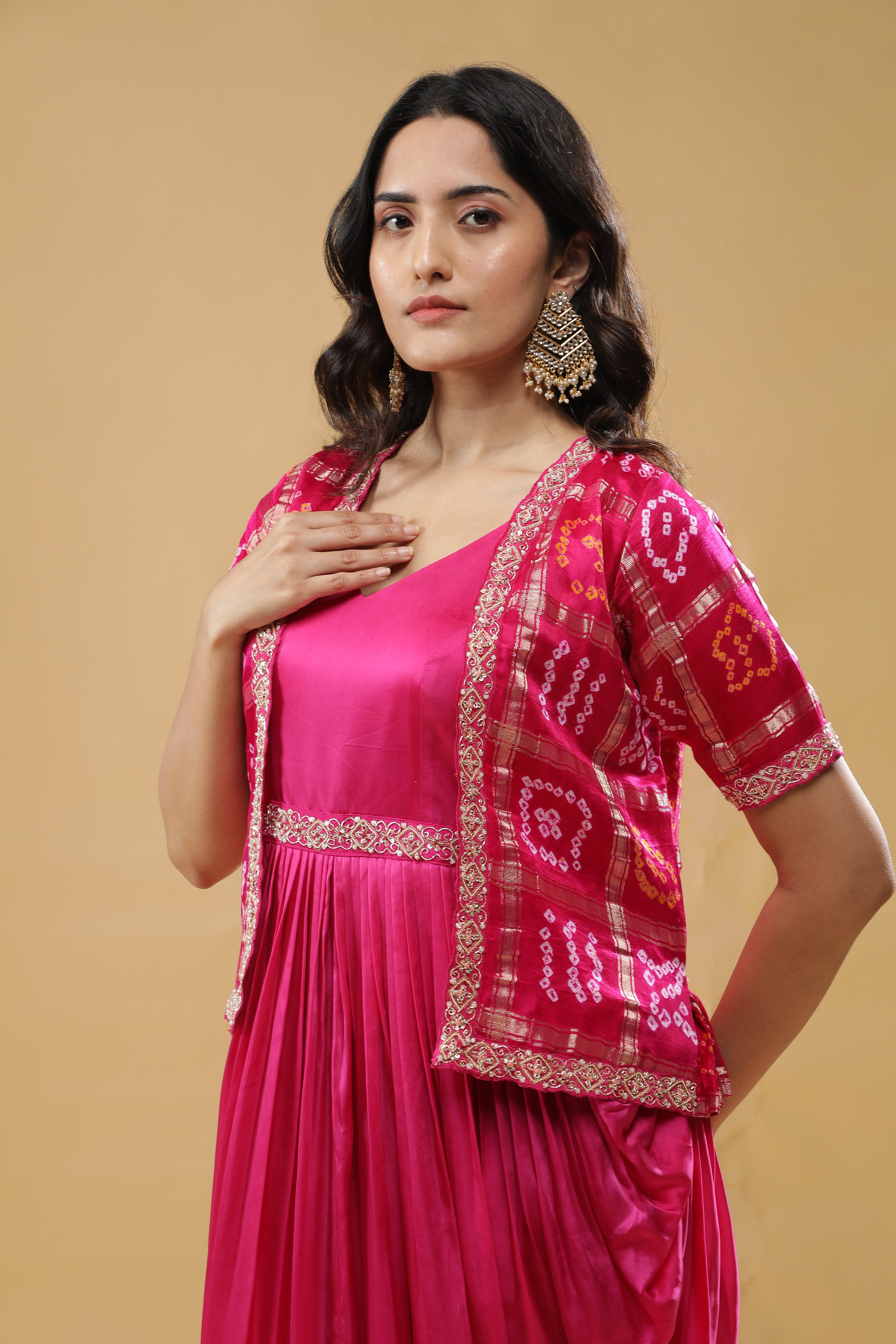 Pink Satin Silk Drape Gown with Bandhej Jacket