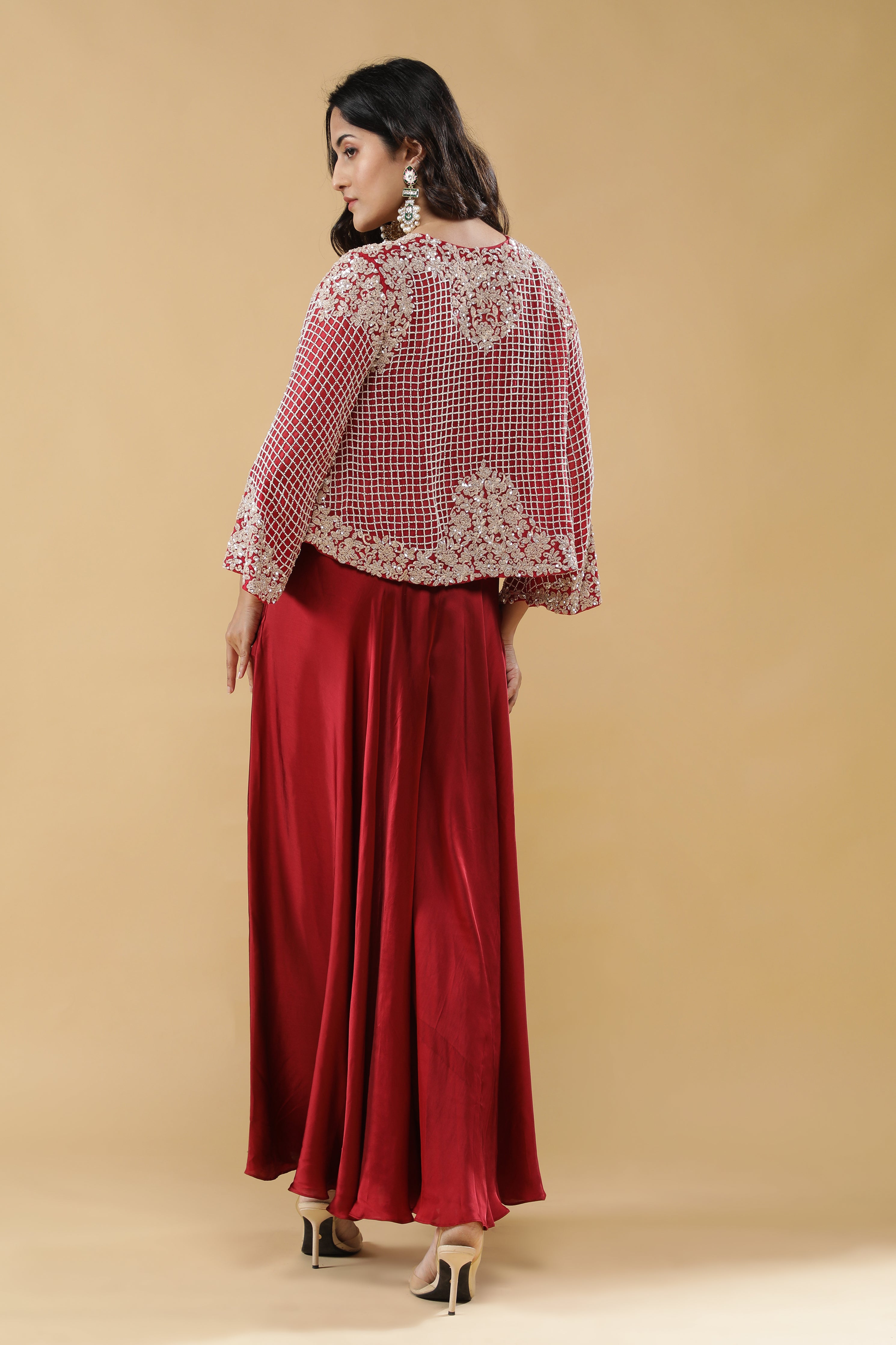 Red Satin Palazzo Set with Embroidered Cape