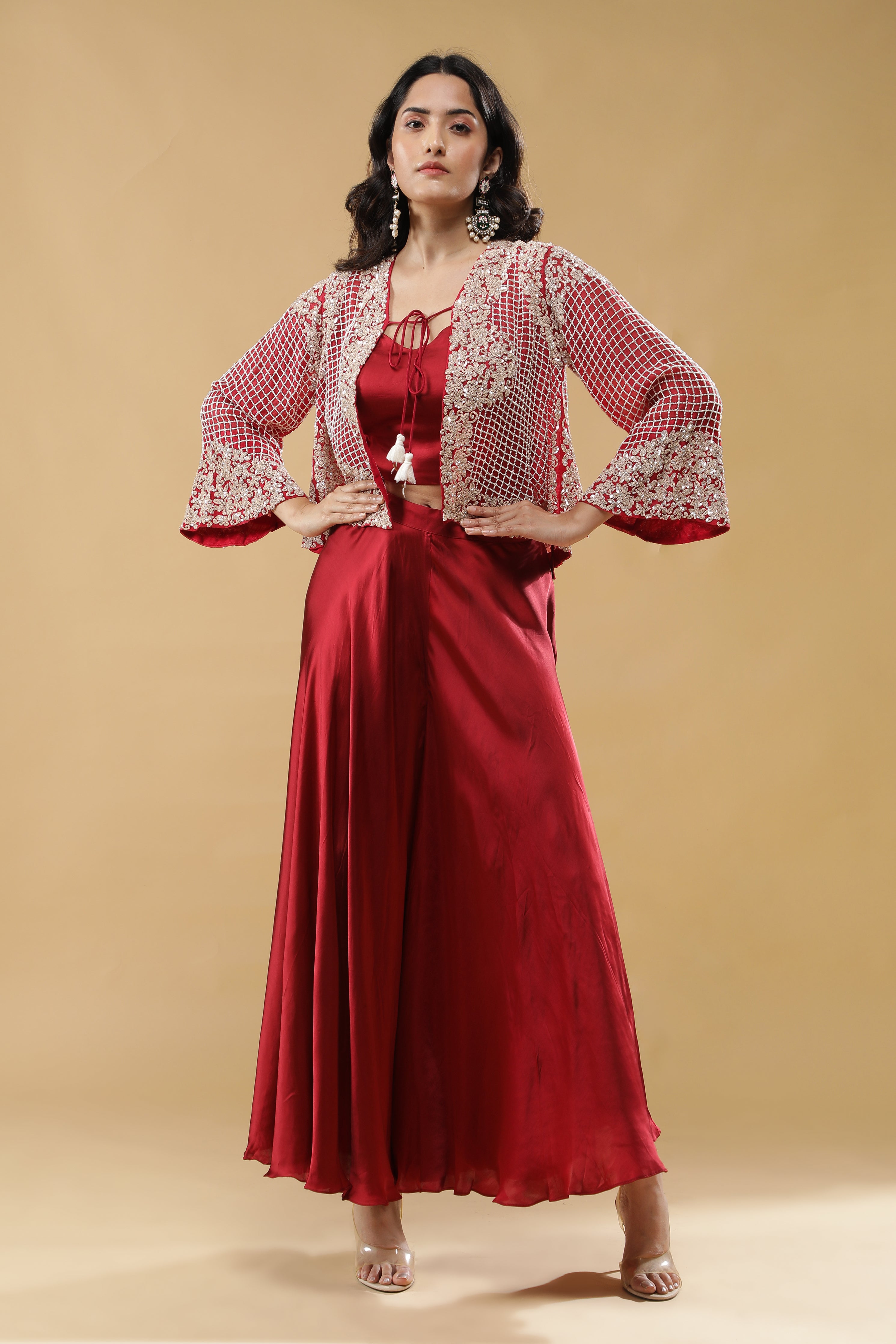 Red Satin Palazzo Set with Embroidered Cape