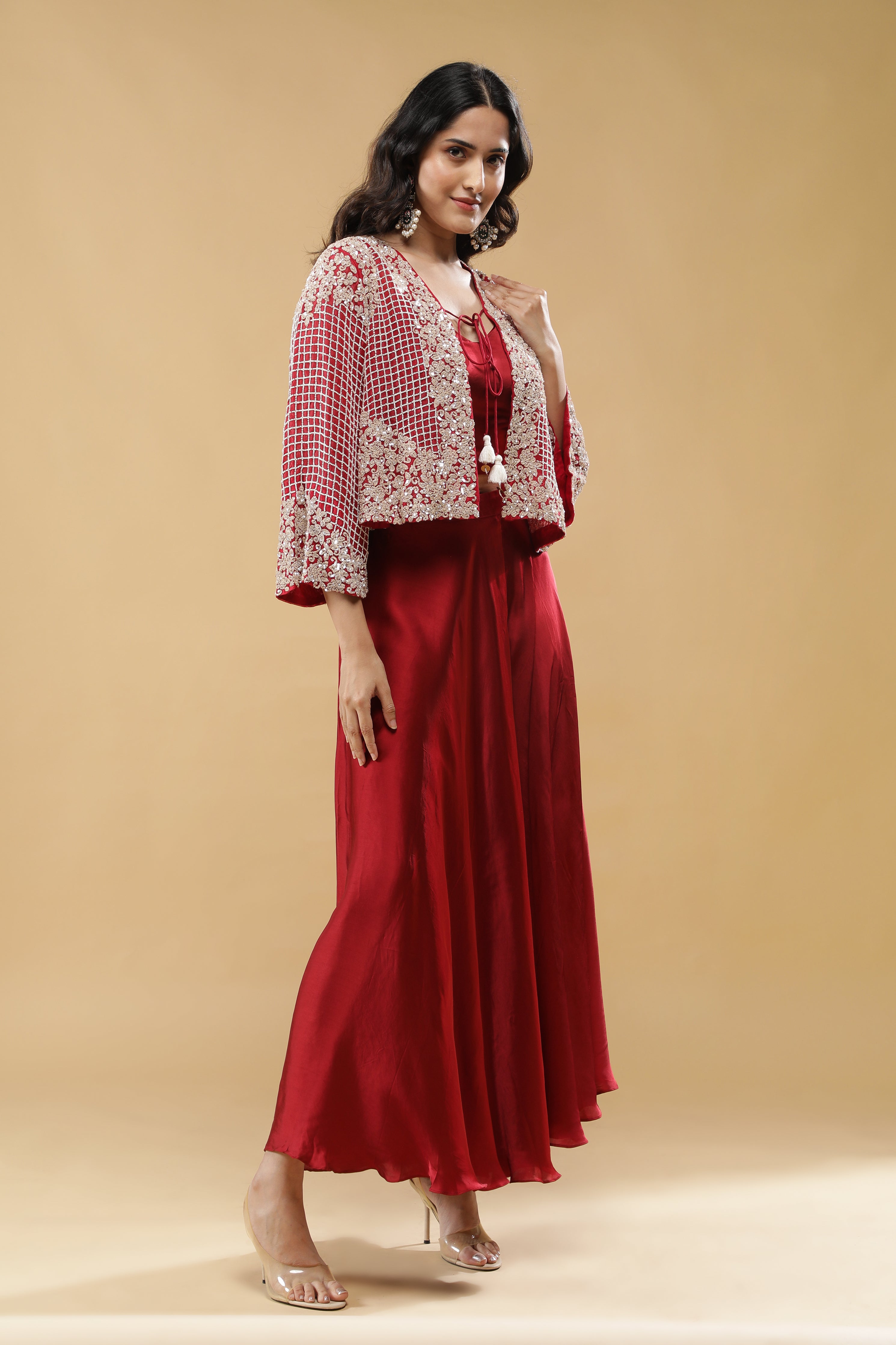 Red Satin Palazzo Set with Embroidered Cape