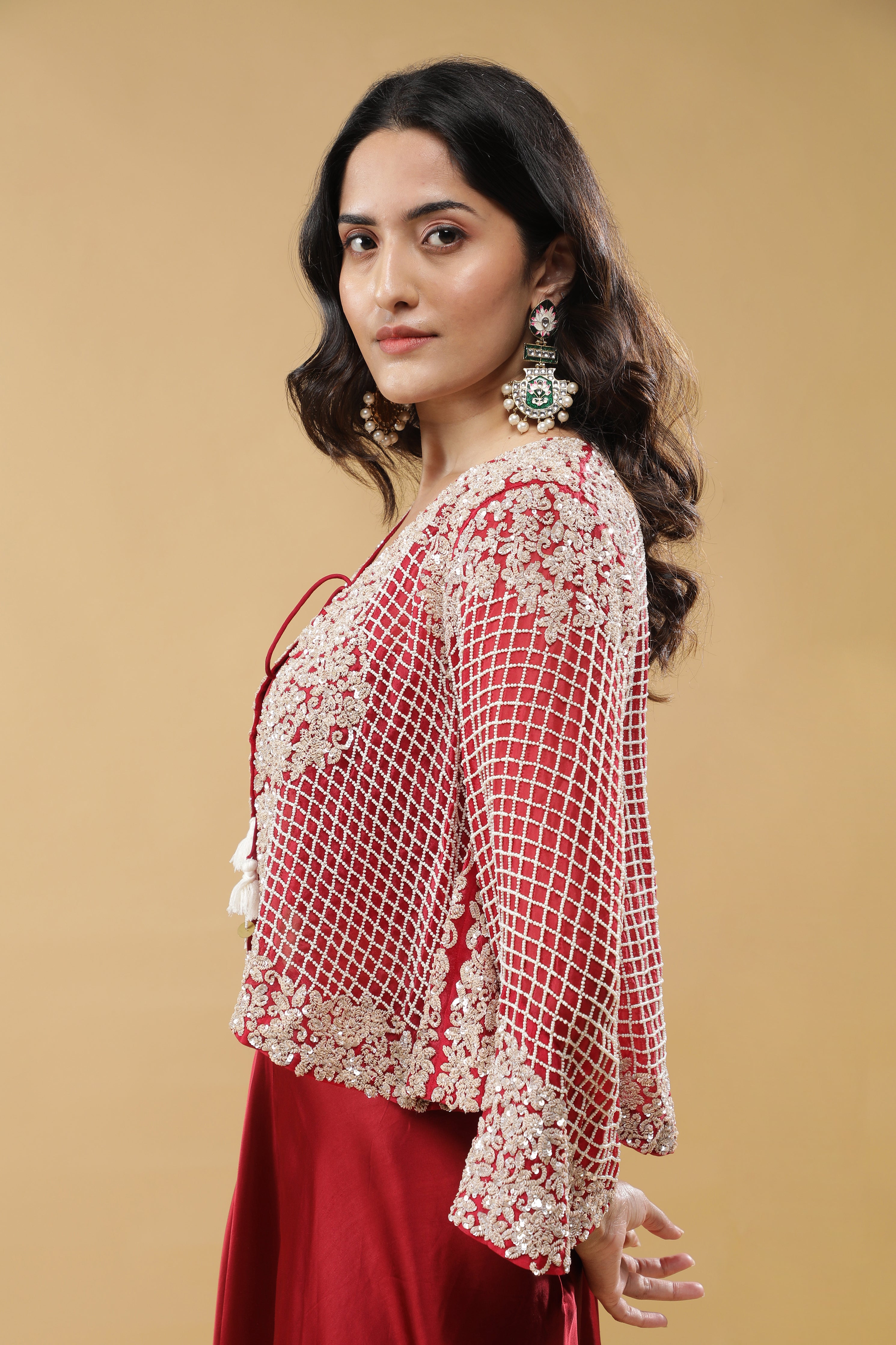 Red Satin Palazzo Set with Embroidered Cape
