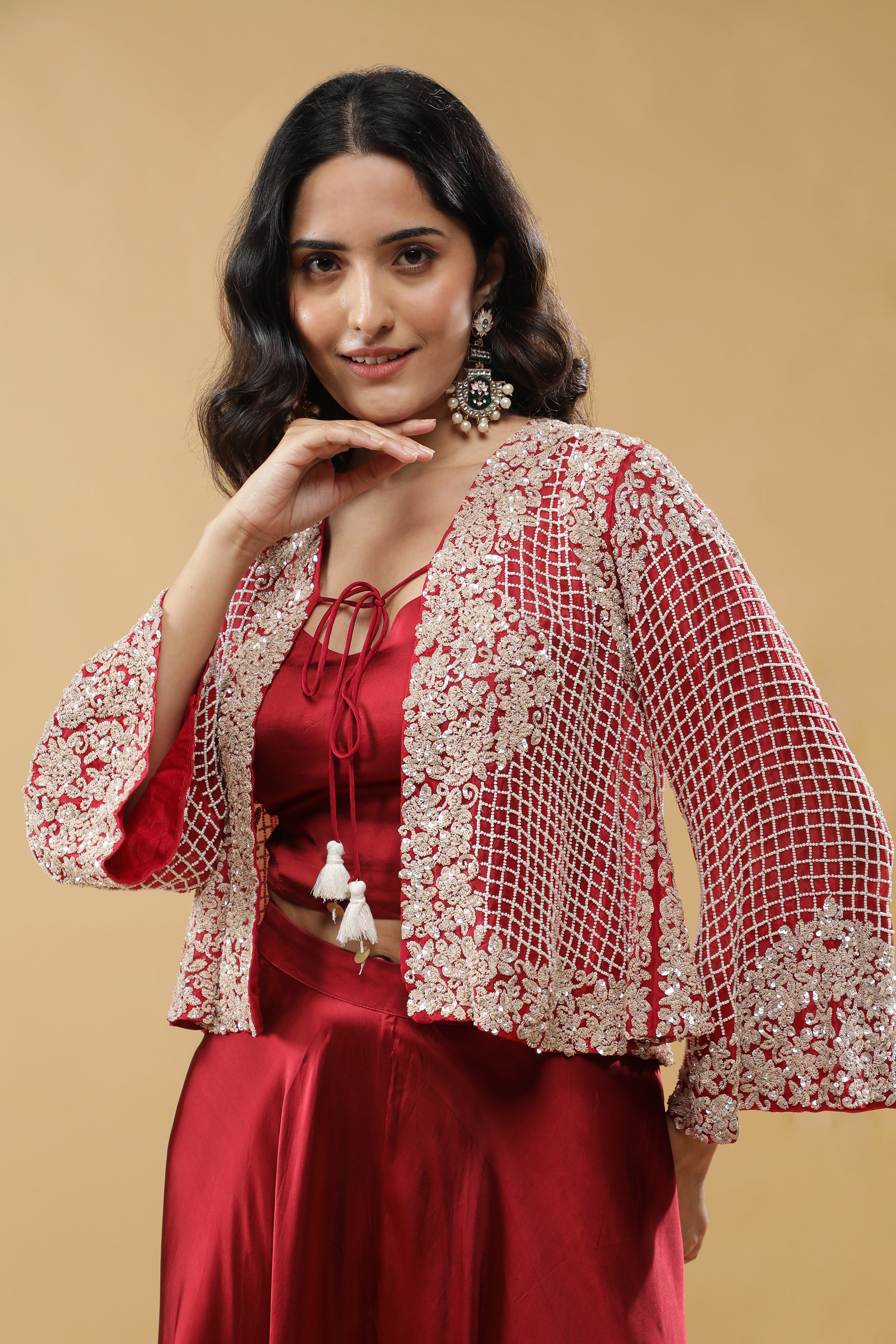 Red Satin Palazzo Set with Embroidered Cape