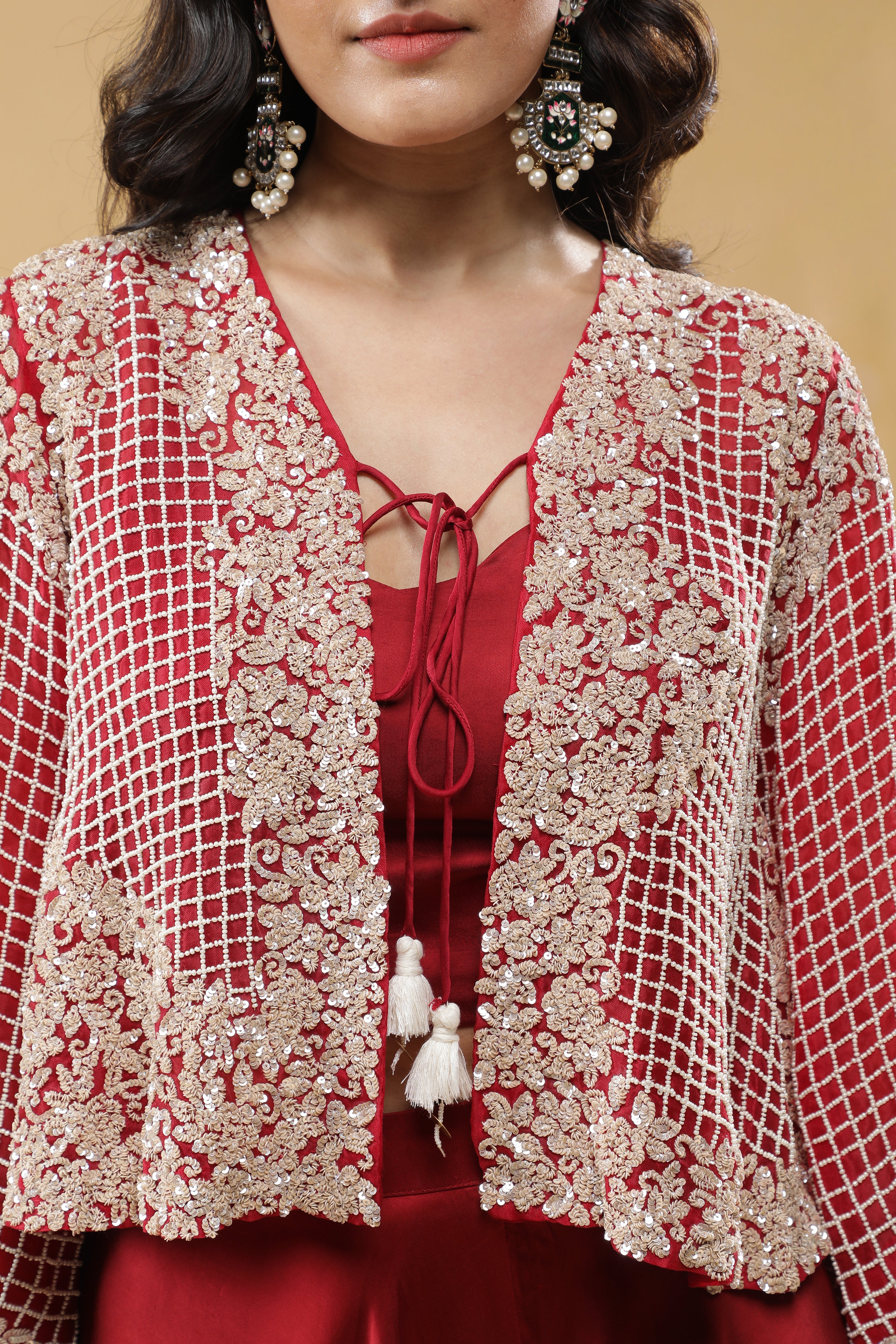 Red Satin Palazzo Set with Embroidered Cape