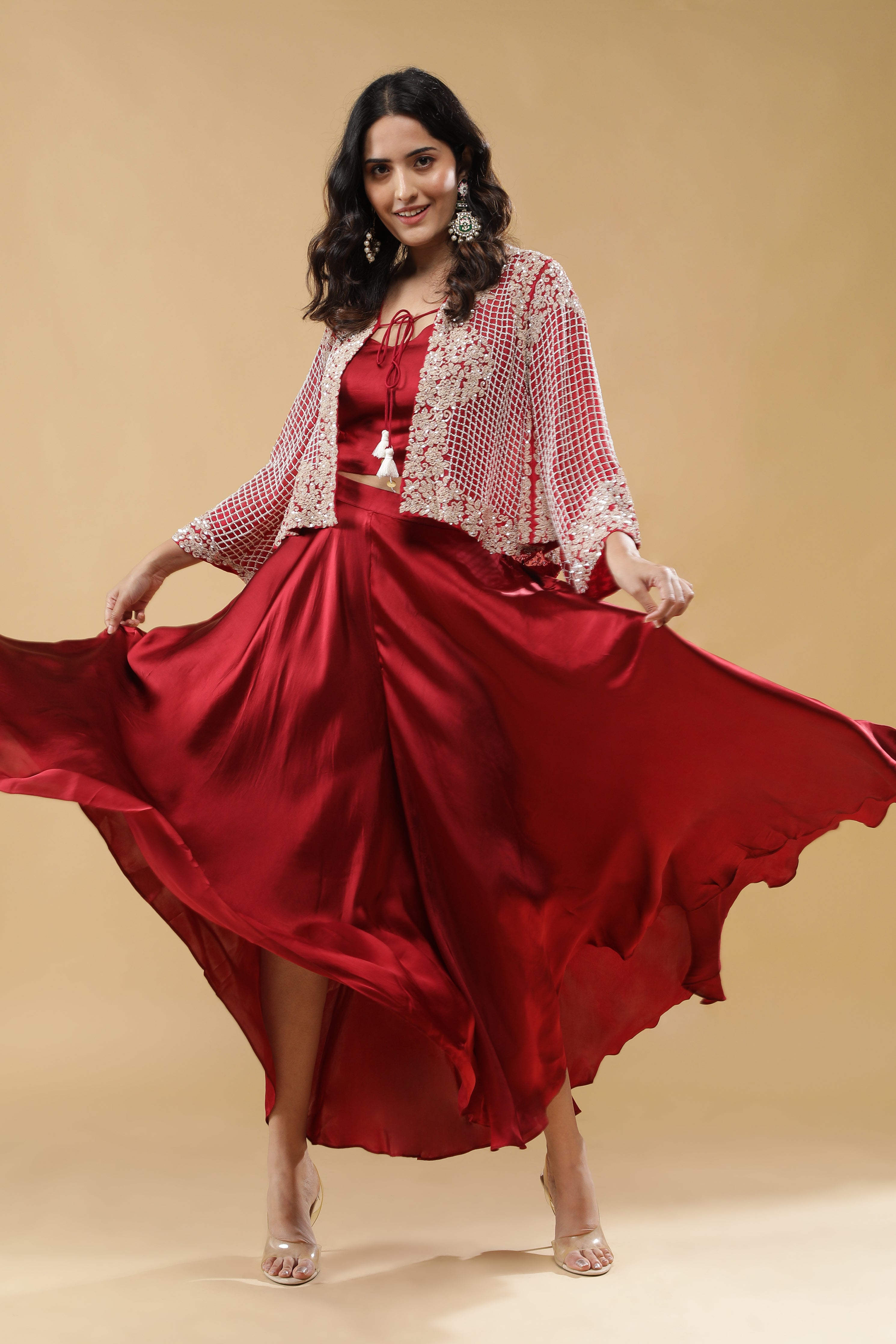 Red Satin Palazzo Set with Embroidered Cape