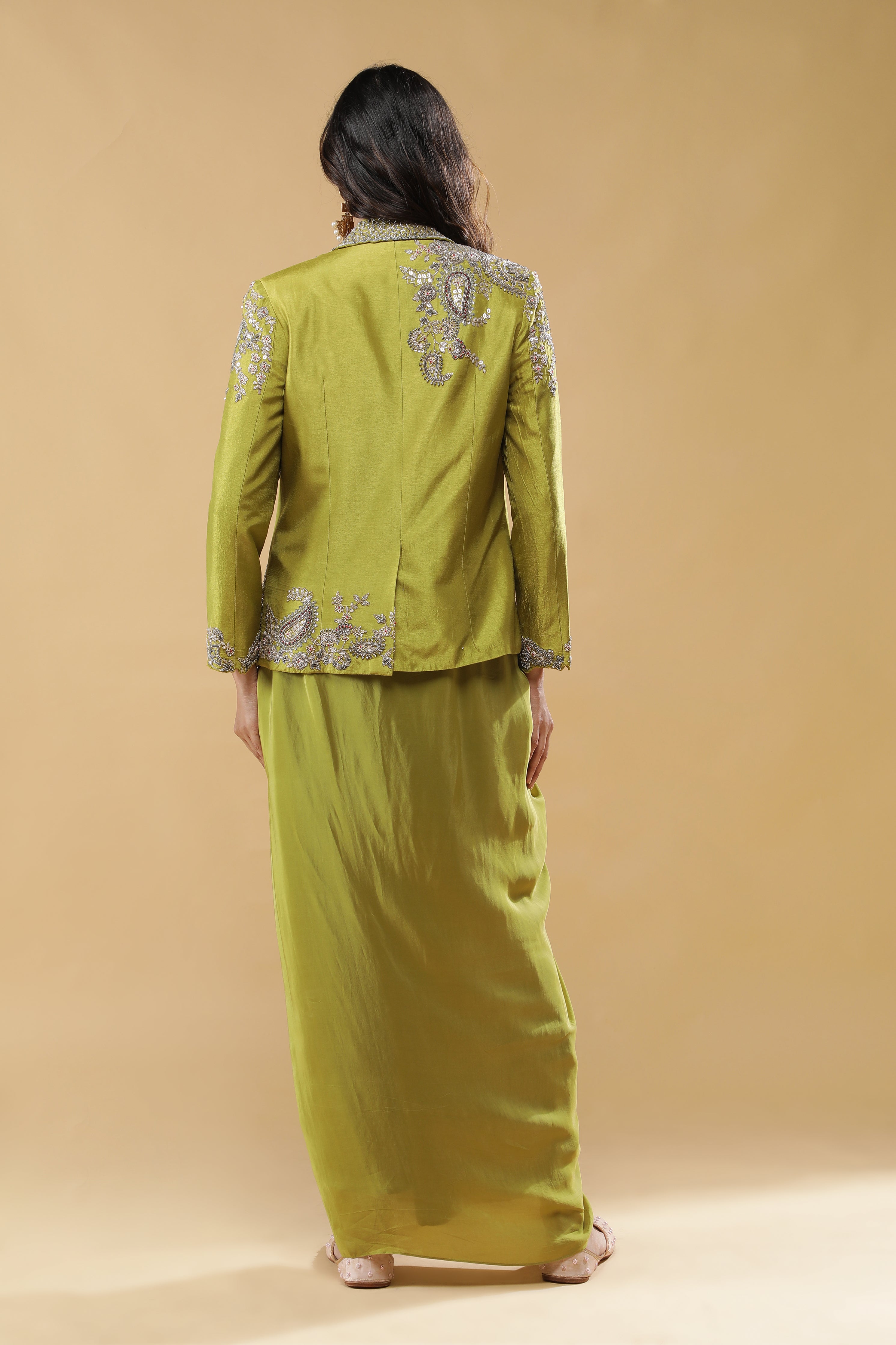 Lime Green Silk Indo-Western Blazer Set
