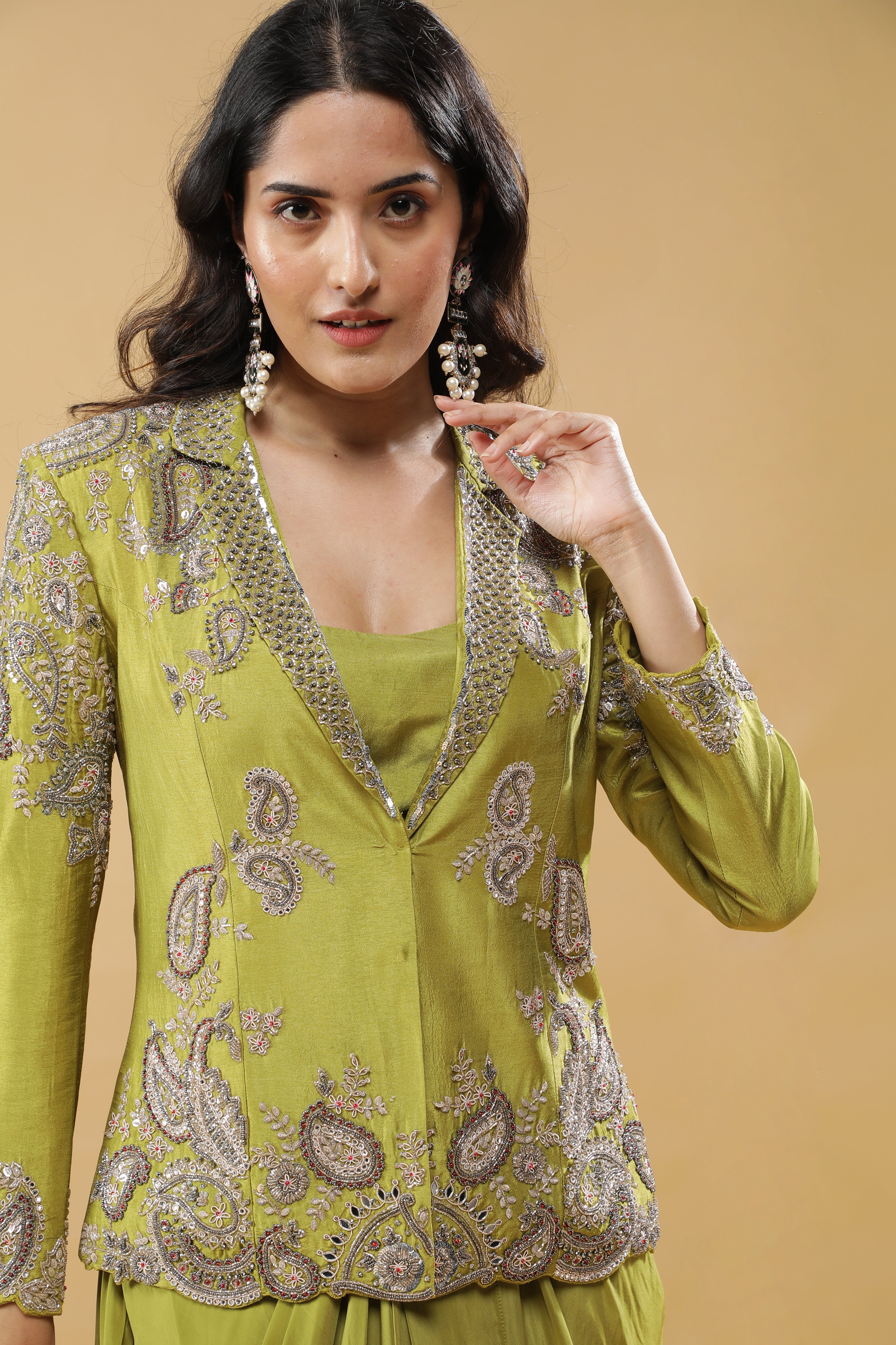 Lime Green Silk Indo-Western Blazer Set
