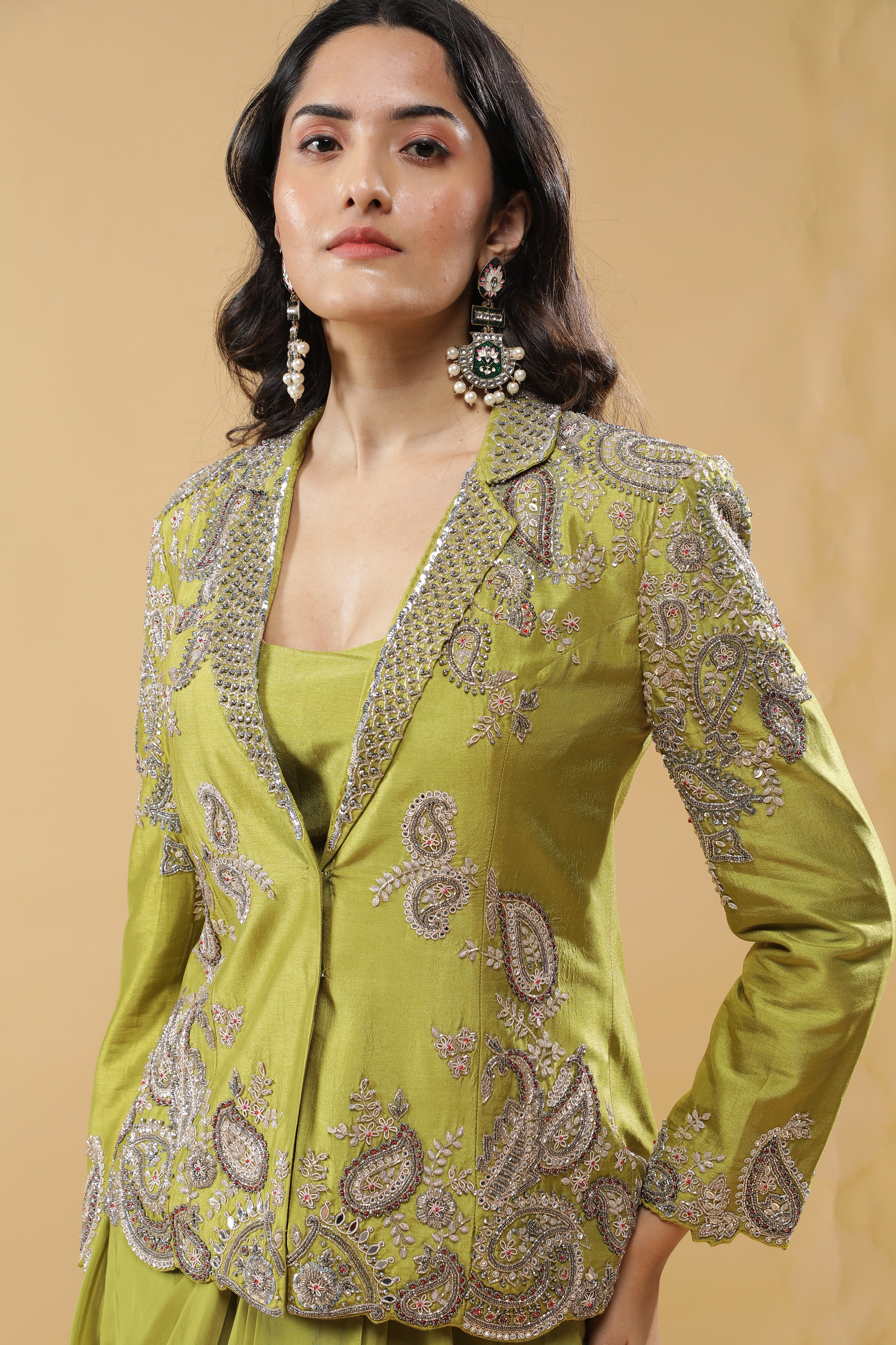Lime Green Silk Indo-Western Blazer Set