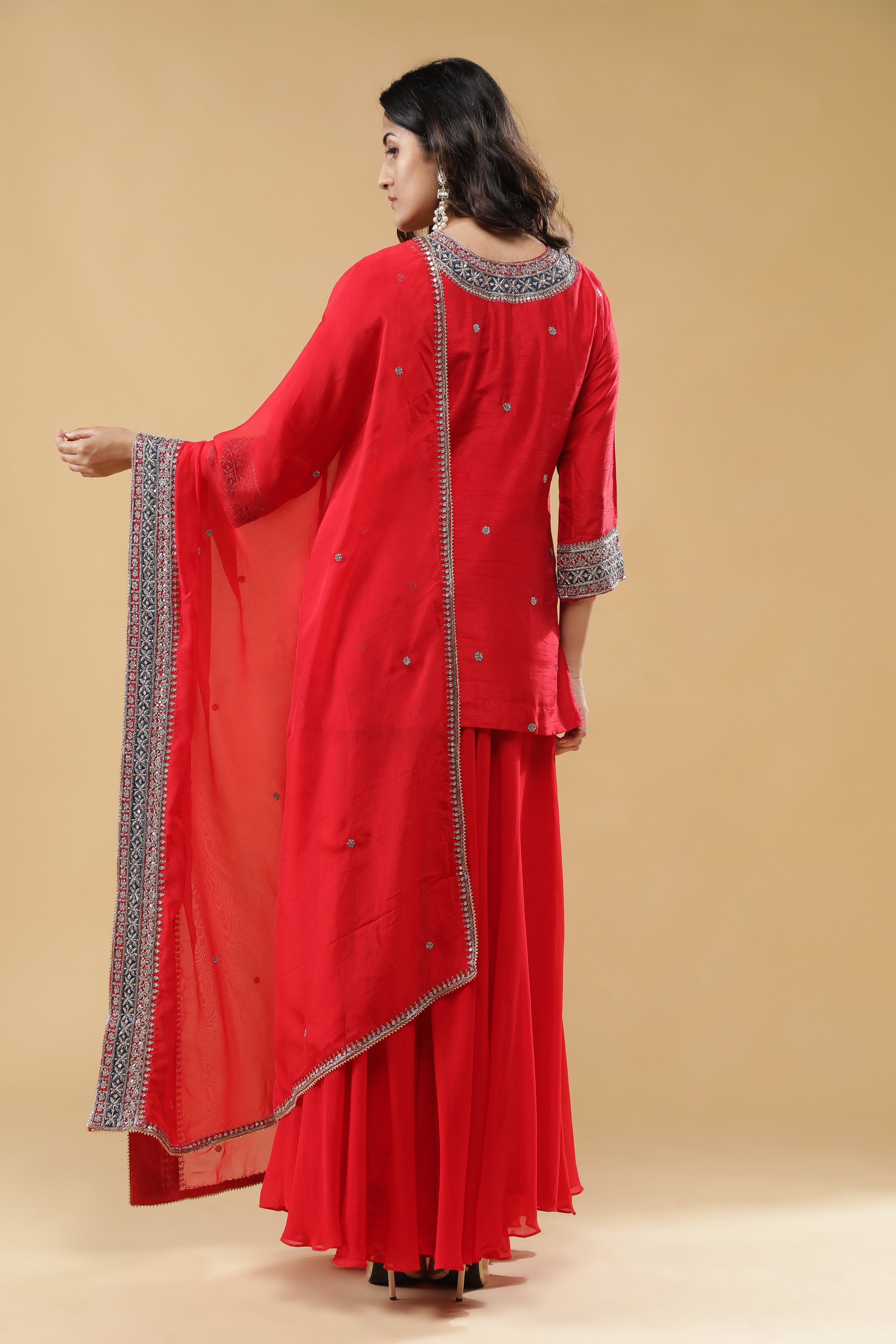 Red Raw Silk Sharara Set