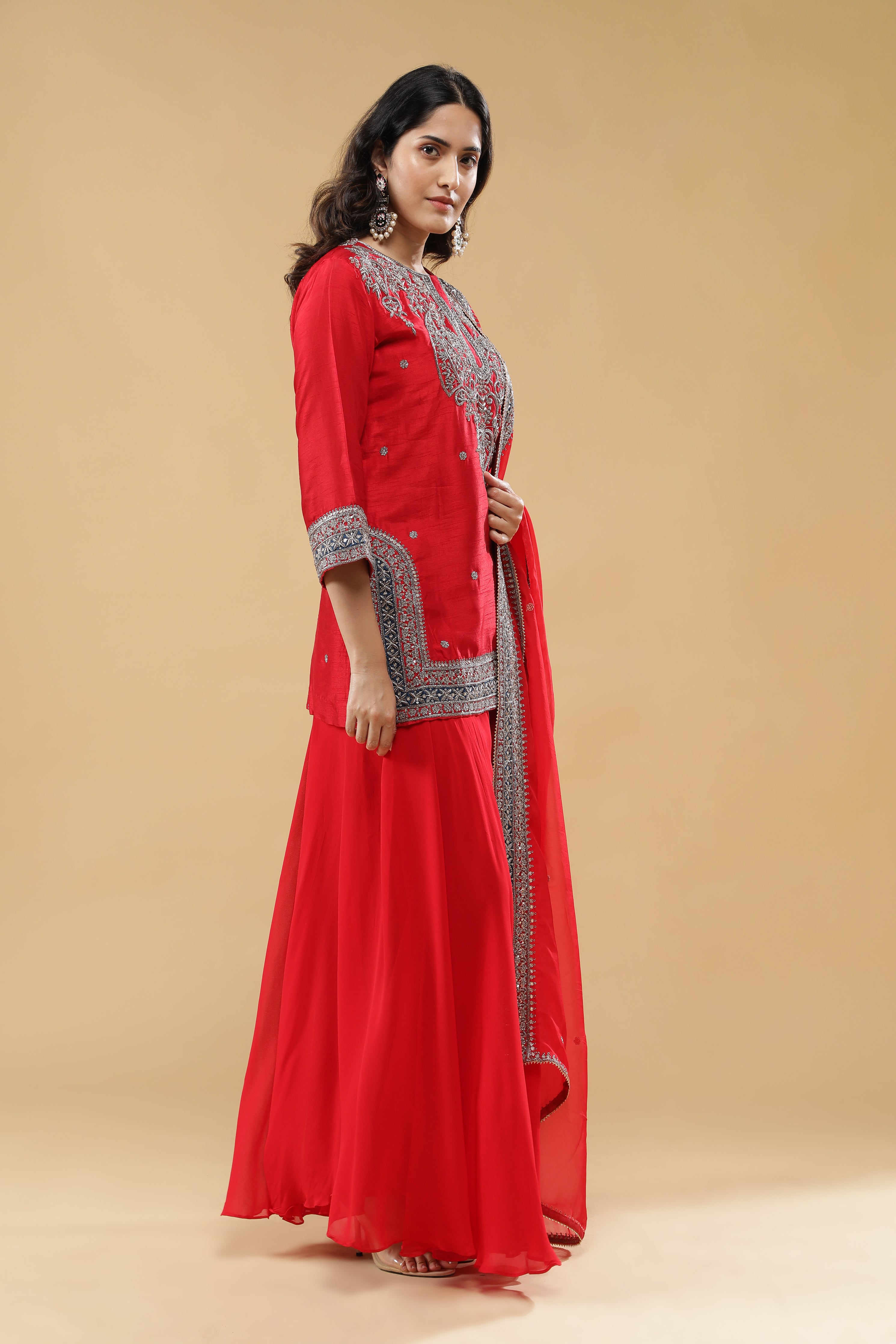 Red Raw Silk Sharara Set