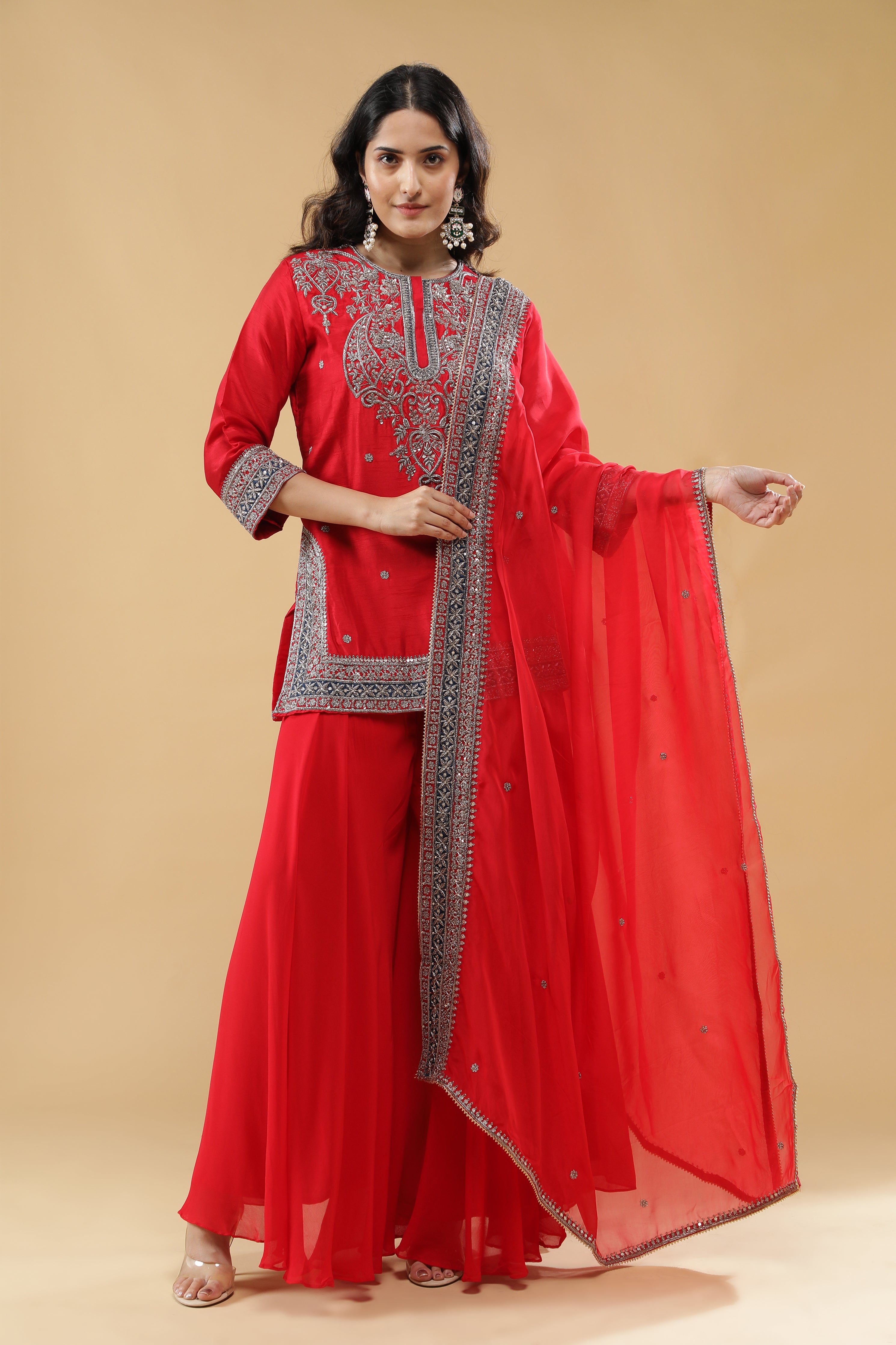 Red Raw Silk Sharara Set