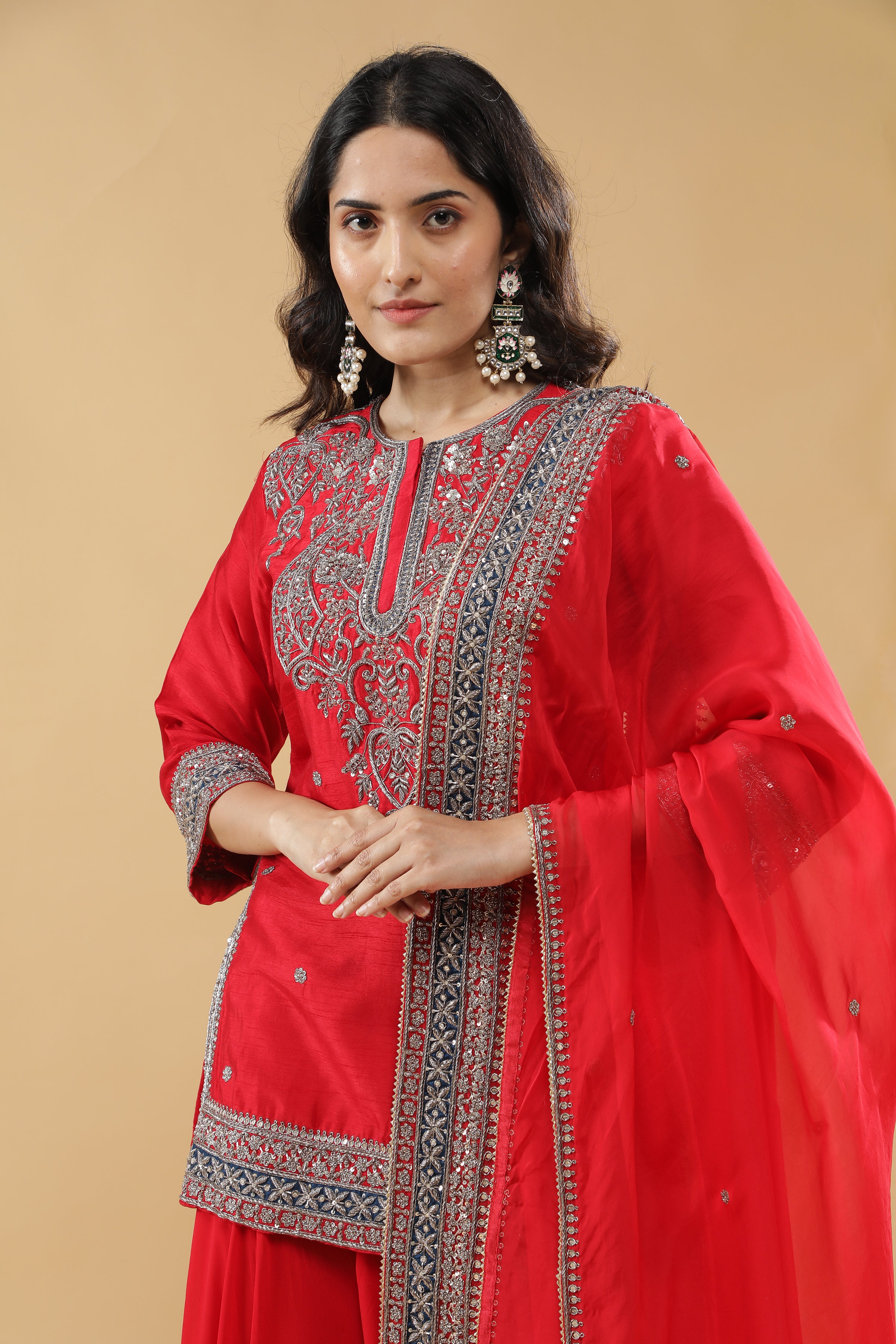 Red Raw Silk Sharara Set