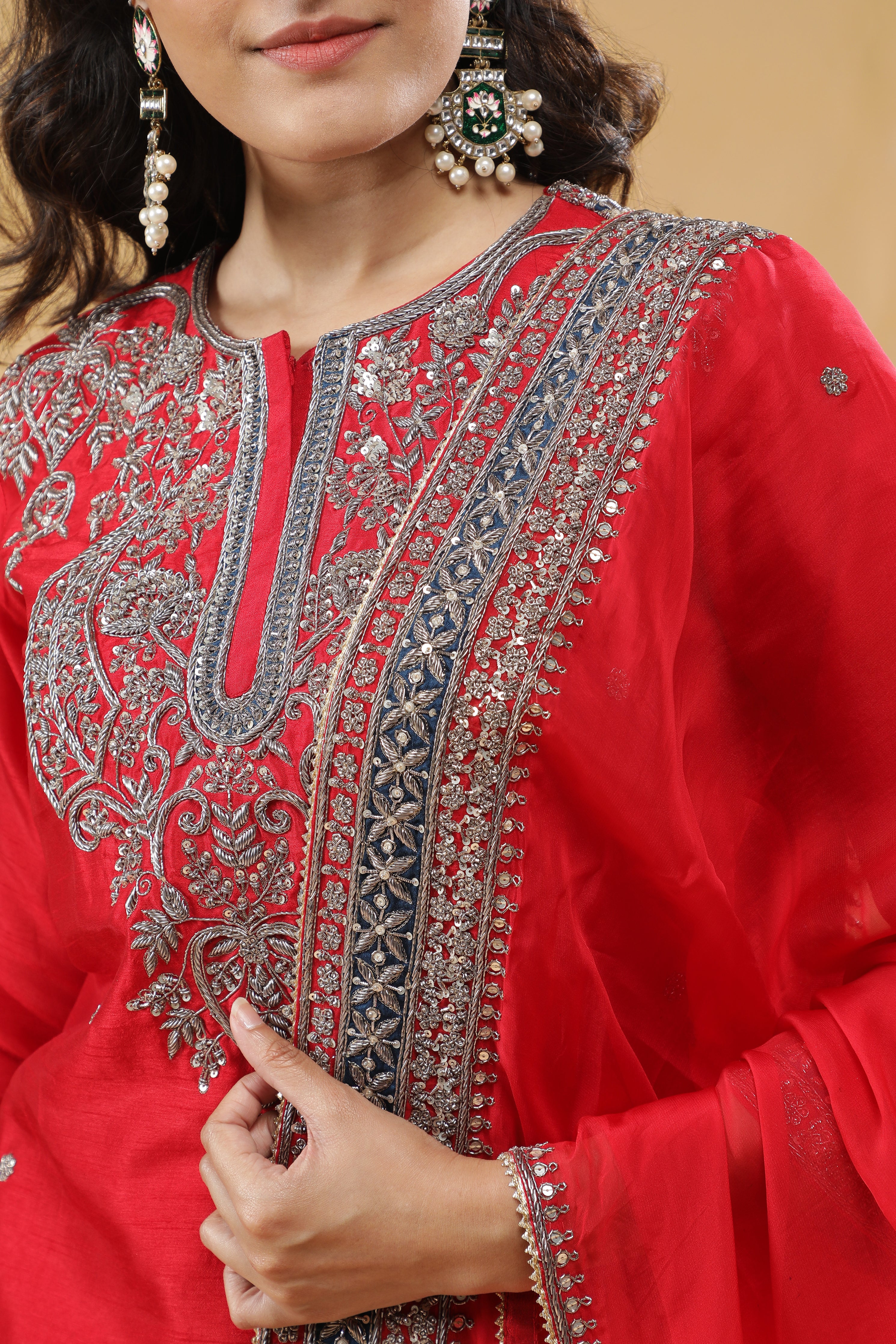 Red Raw Silk Sharara Set
