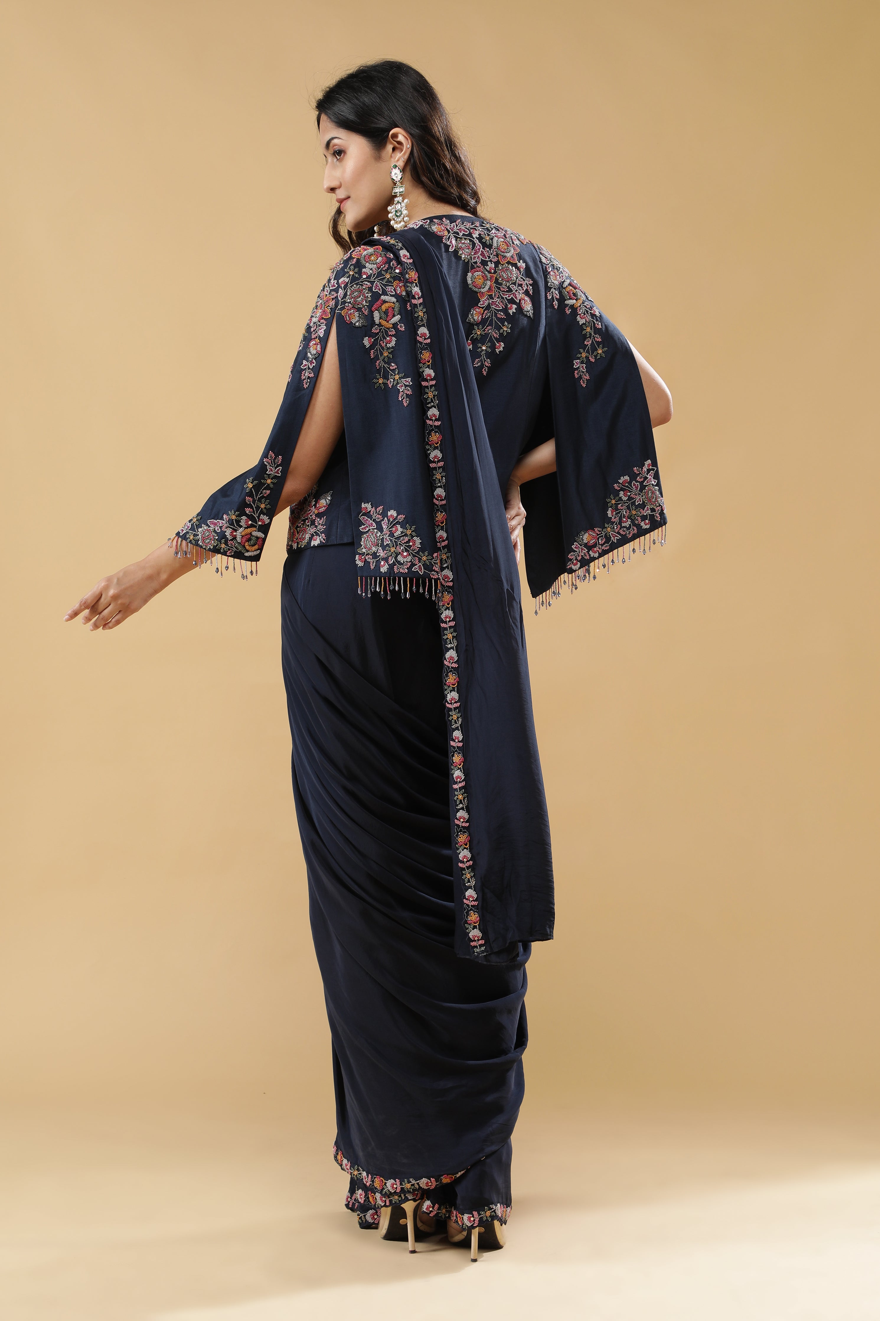 Navy Blue Lycra Drape Saree with Embroidered Silk Jacket