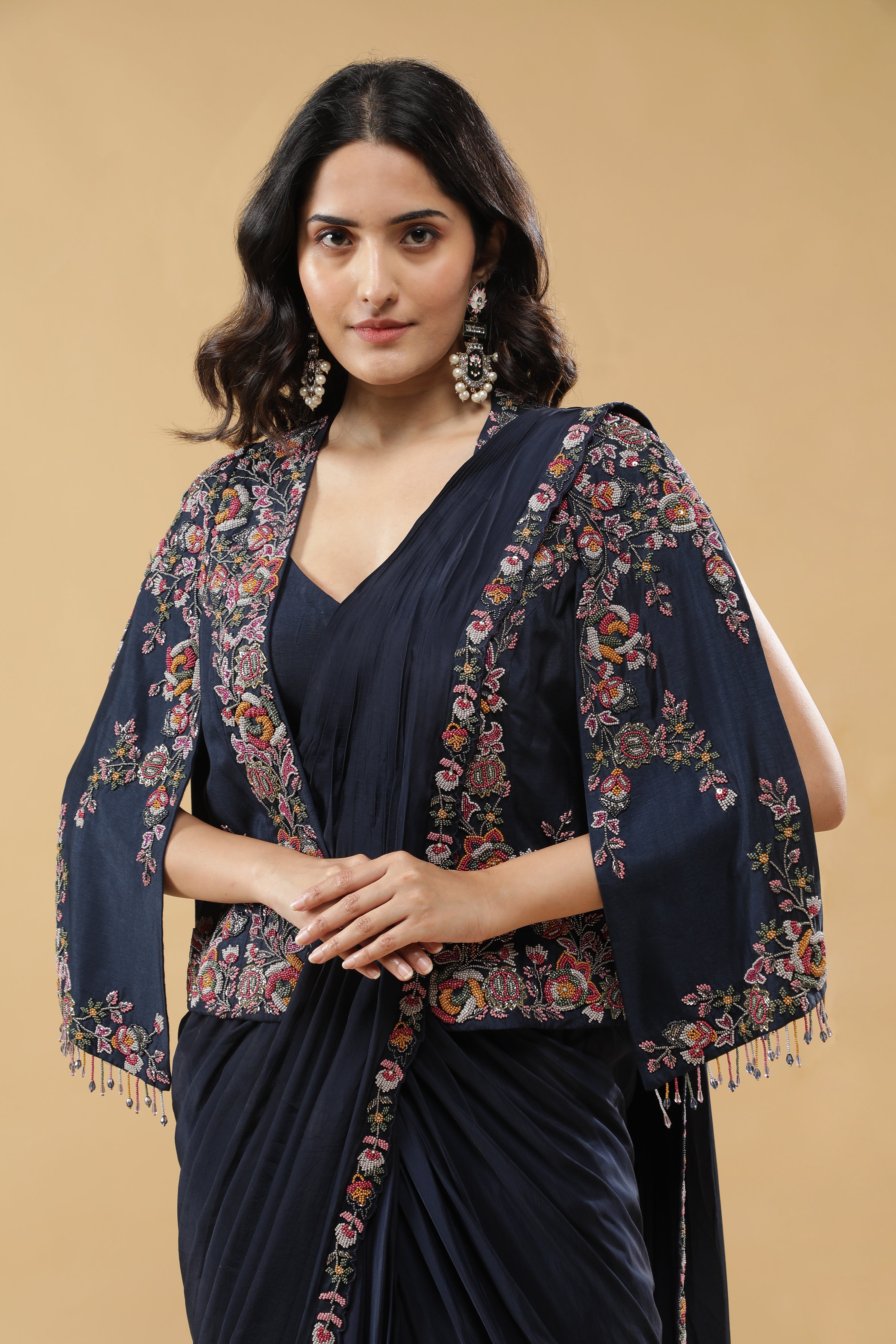 Navy Blue Lycra Drape Saree with Embroidered Silk Jacket