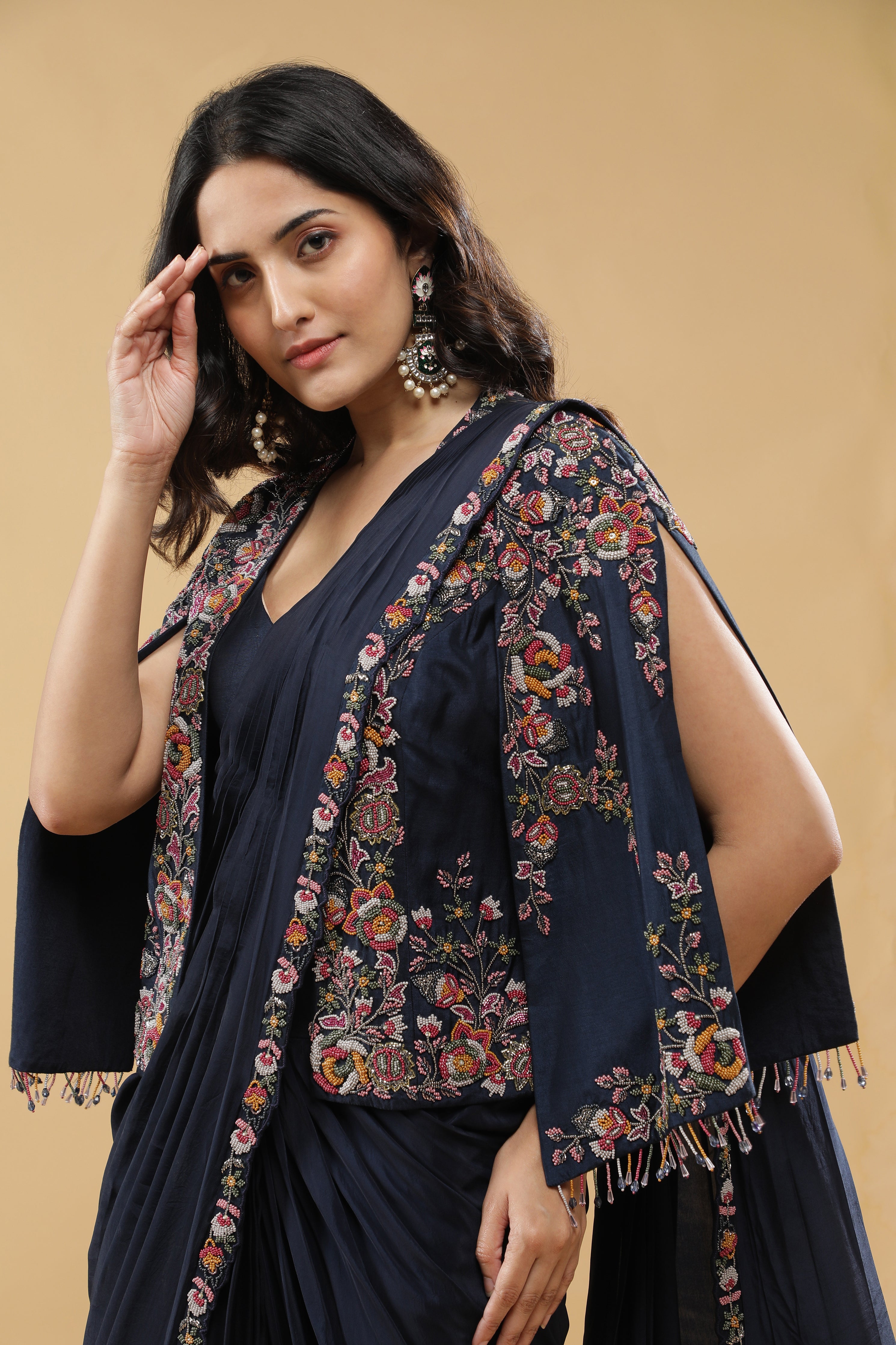 Navy Blue Lycra Drape Saree with Embroidered Silk Jacket