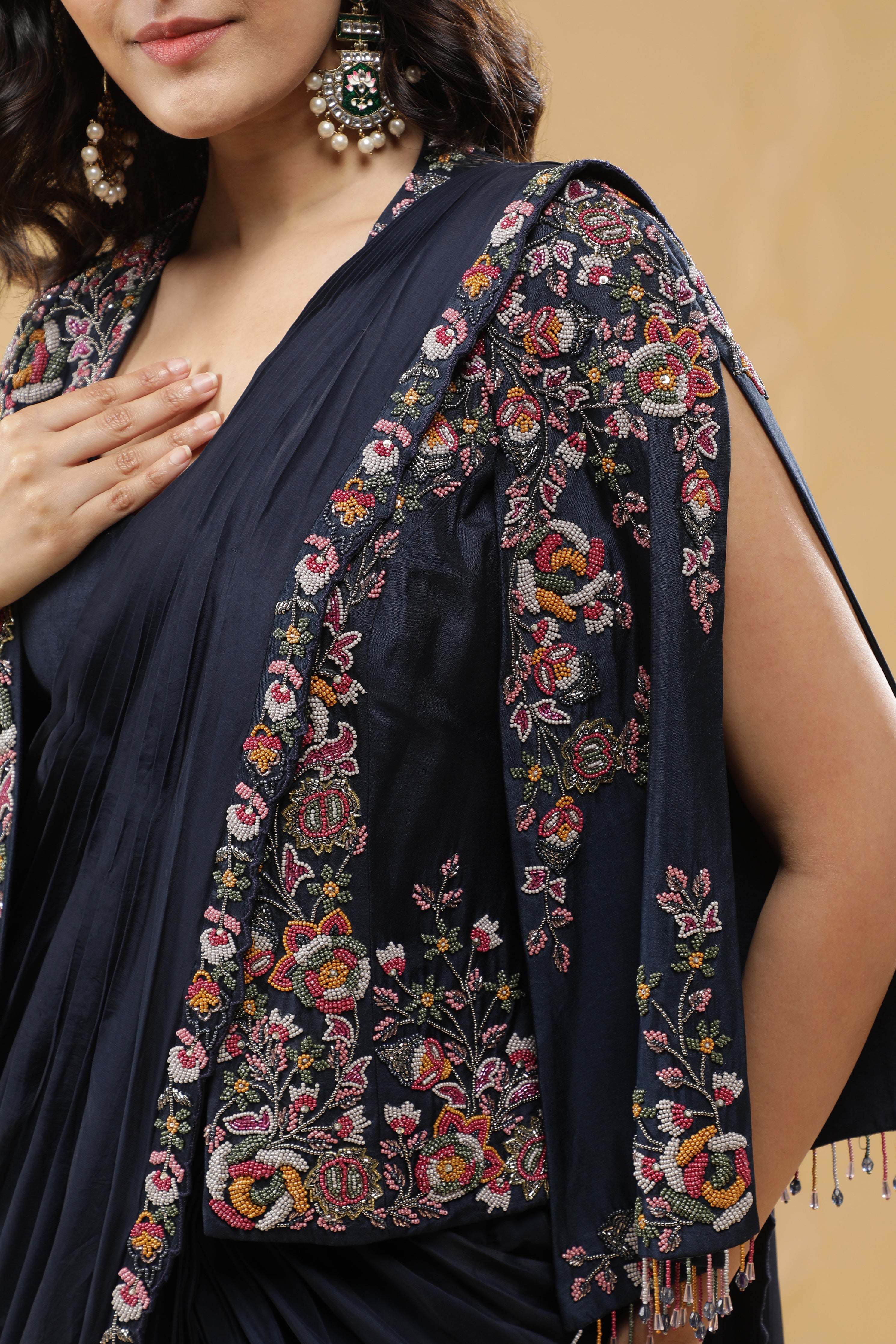 Navy Blue Lycra Drape Saree with Embroidered Silk Jacket