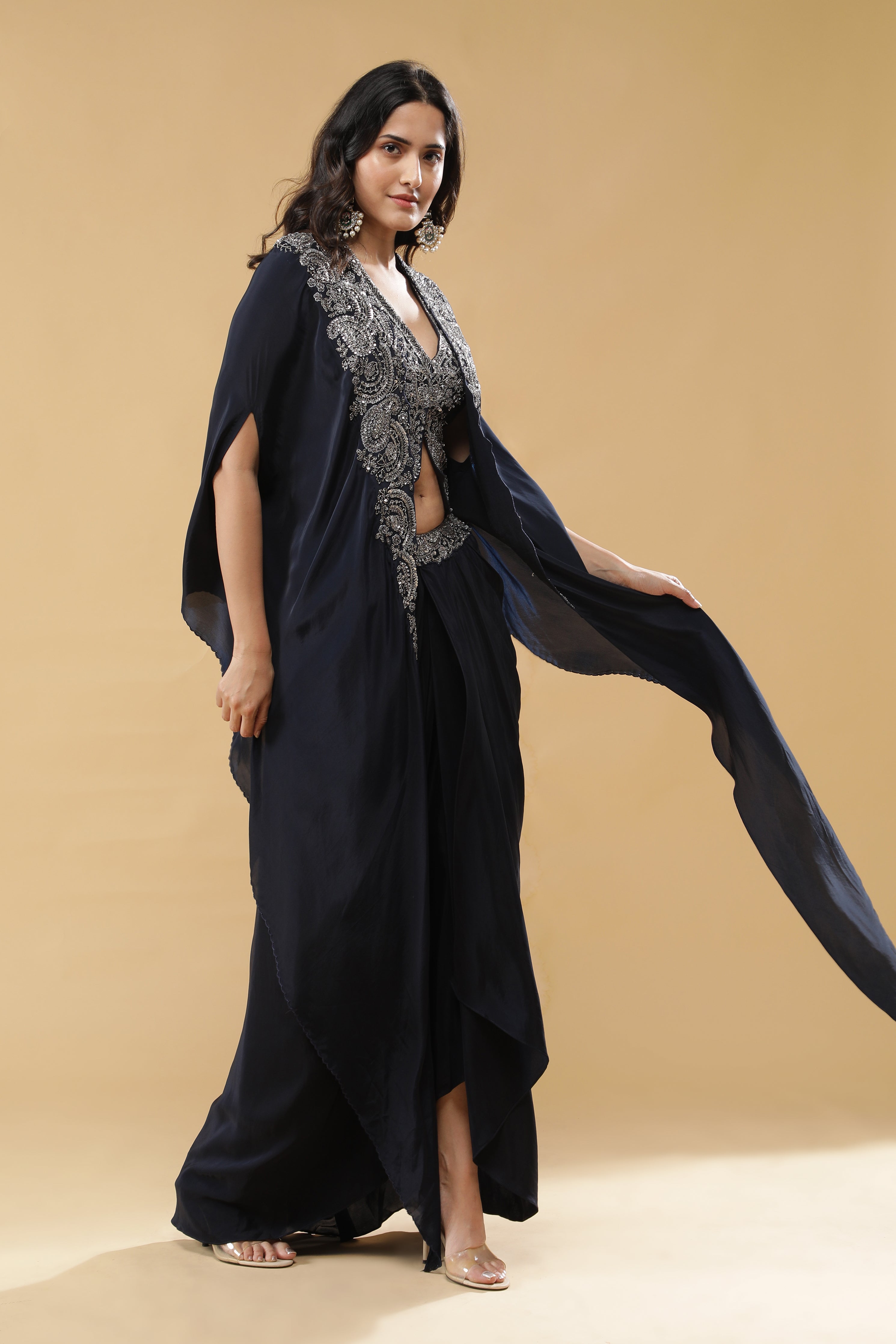 Navy Blue Crepe Silk Drape Skirt Set