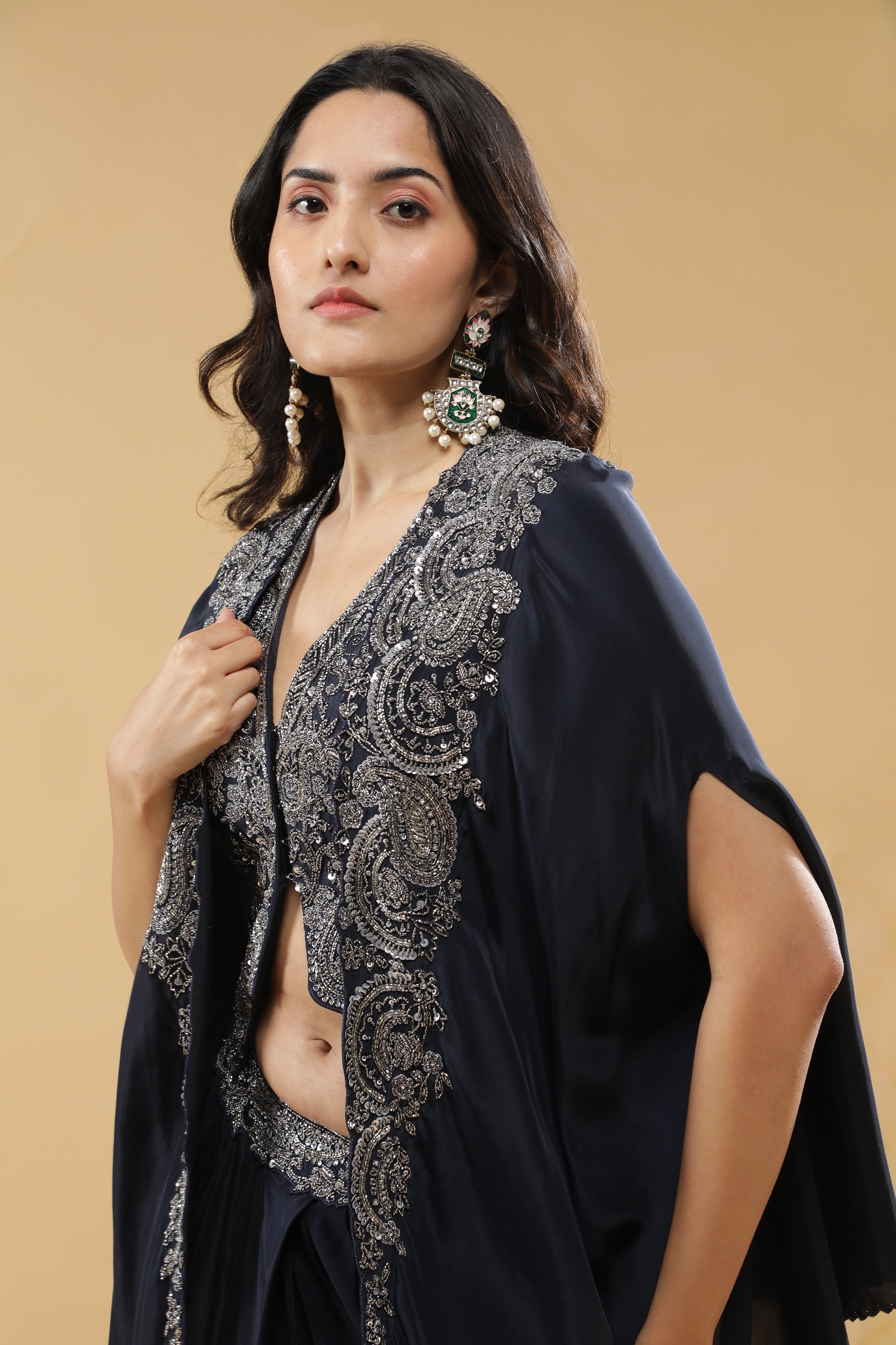 Navy Blue Crepe Silk Drape Skirt Set