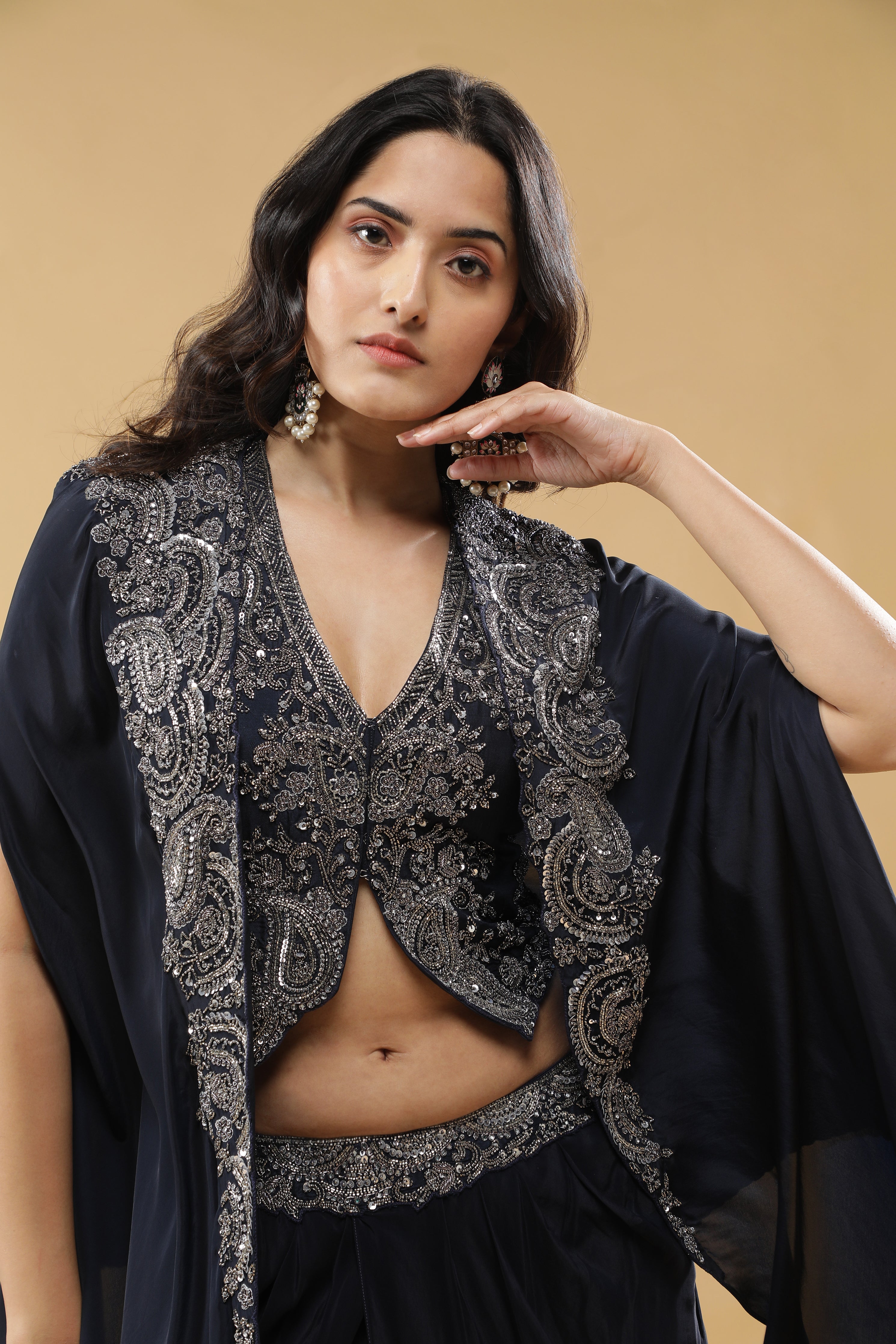 Navy Blue Crepe Silk Drape Skirt Set