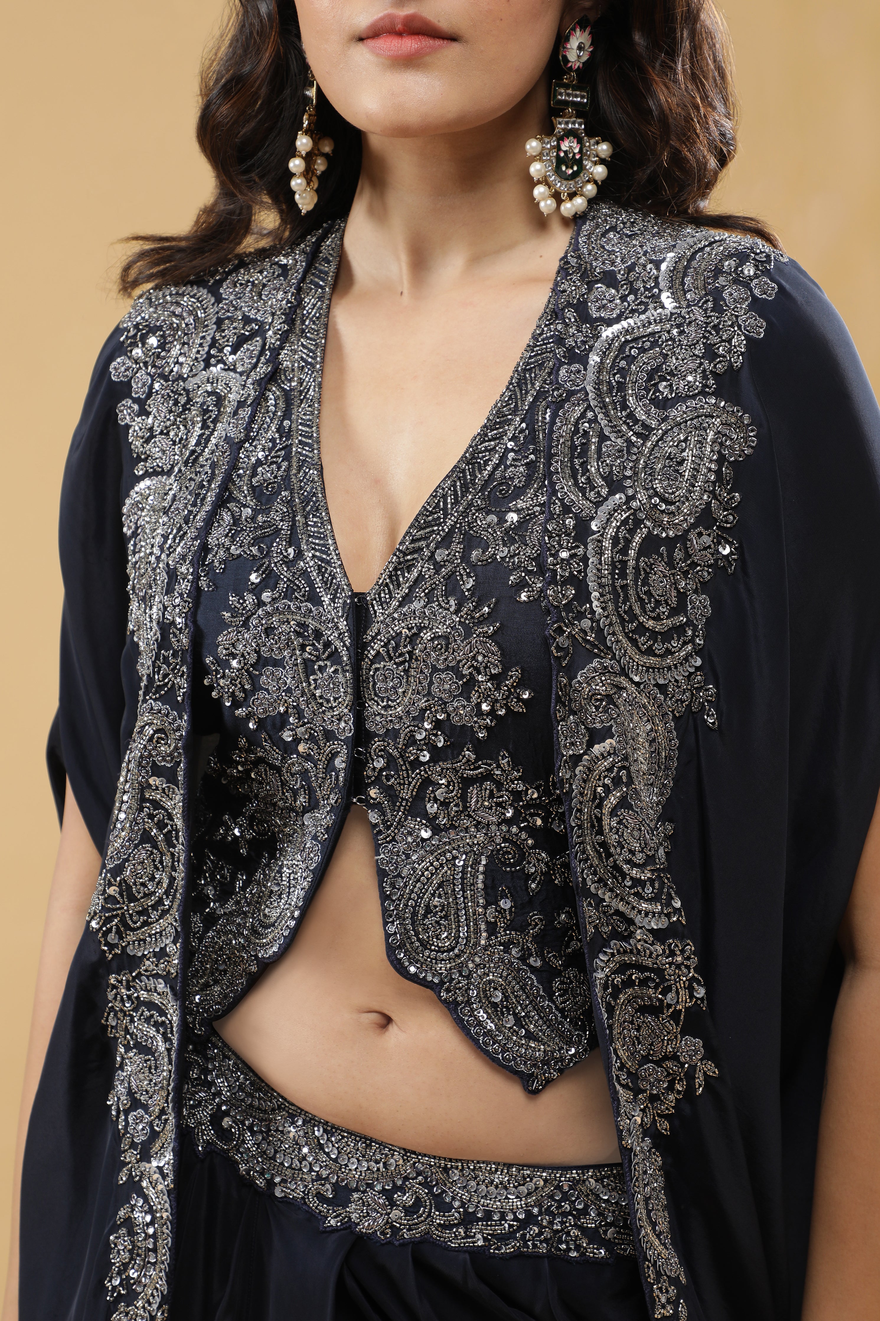 Navy Blue Crepe Silk Drape Skirt Set
