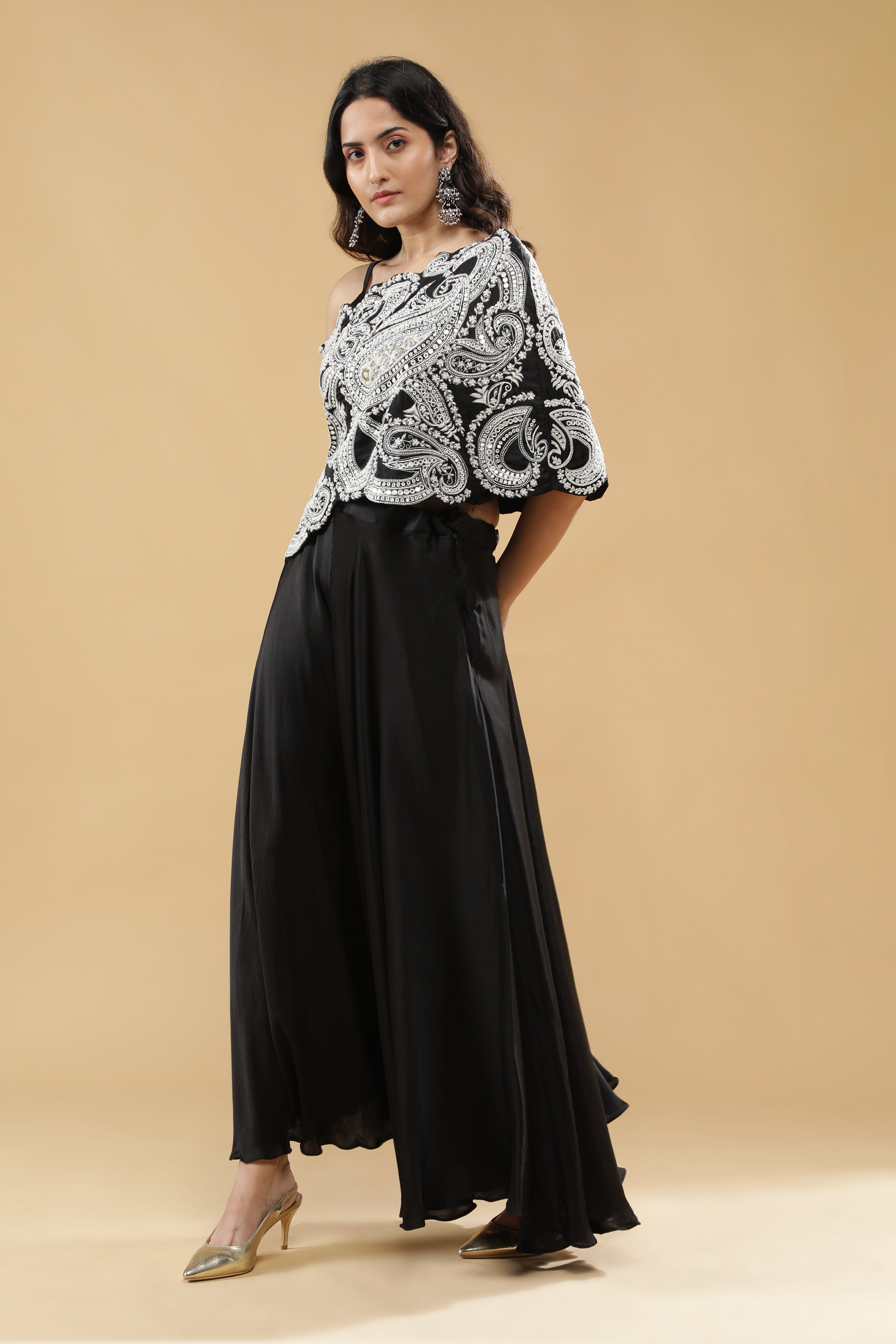 Black Satin Silk Indo-Western Set
