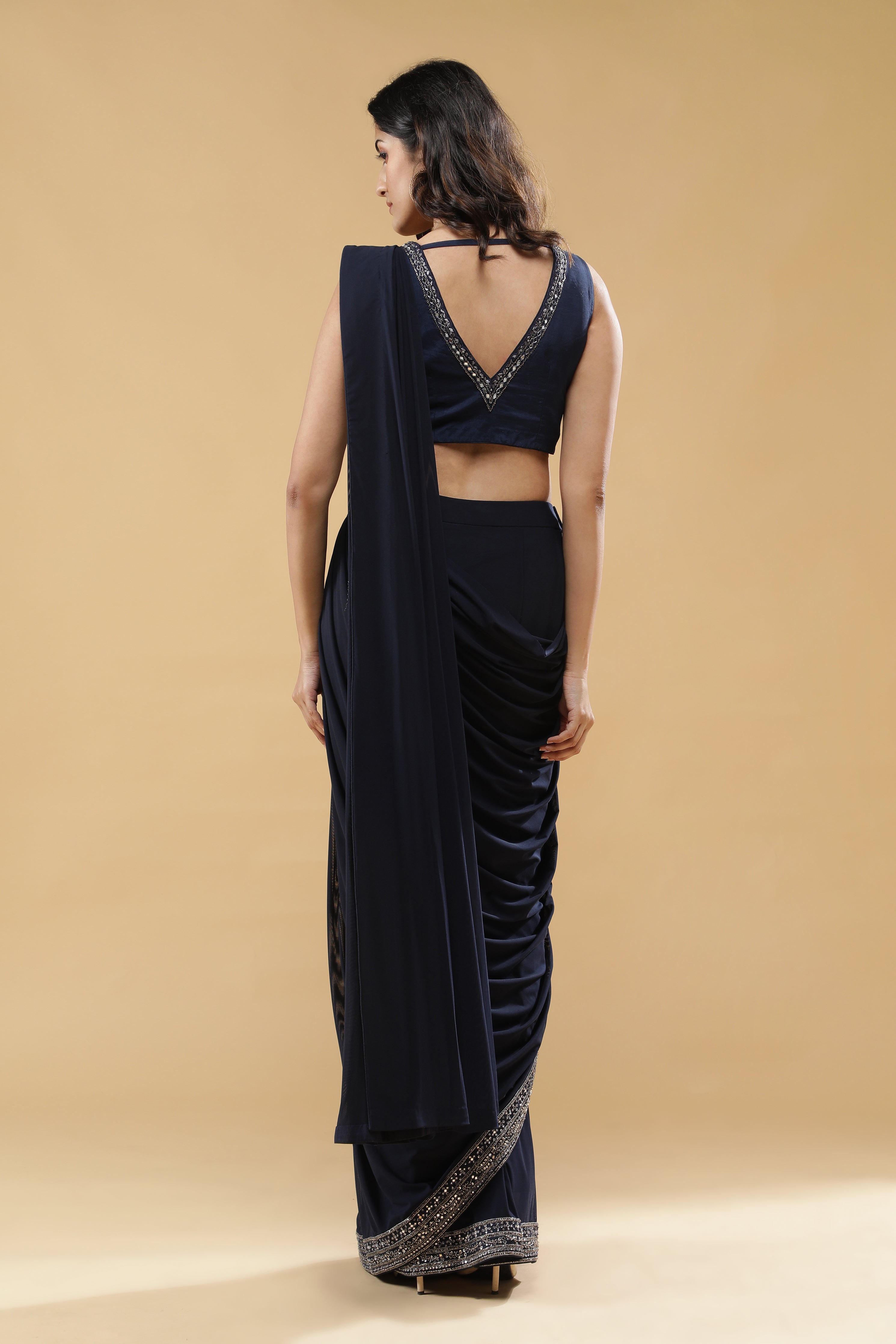 Navy Blue Drape Saree with Embroidered Silk Blouse