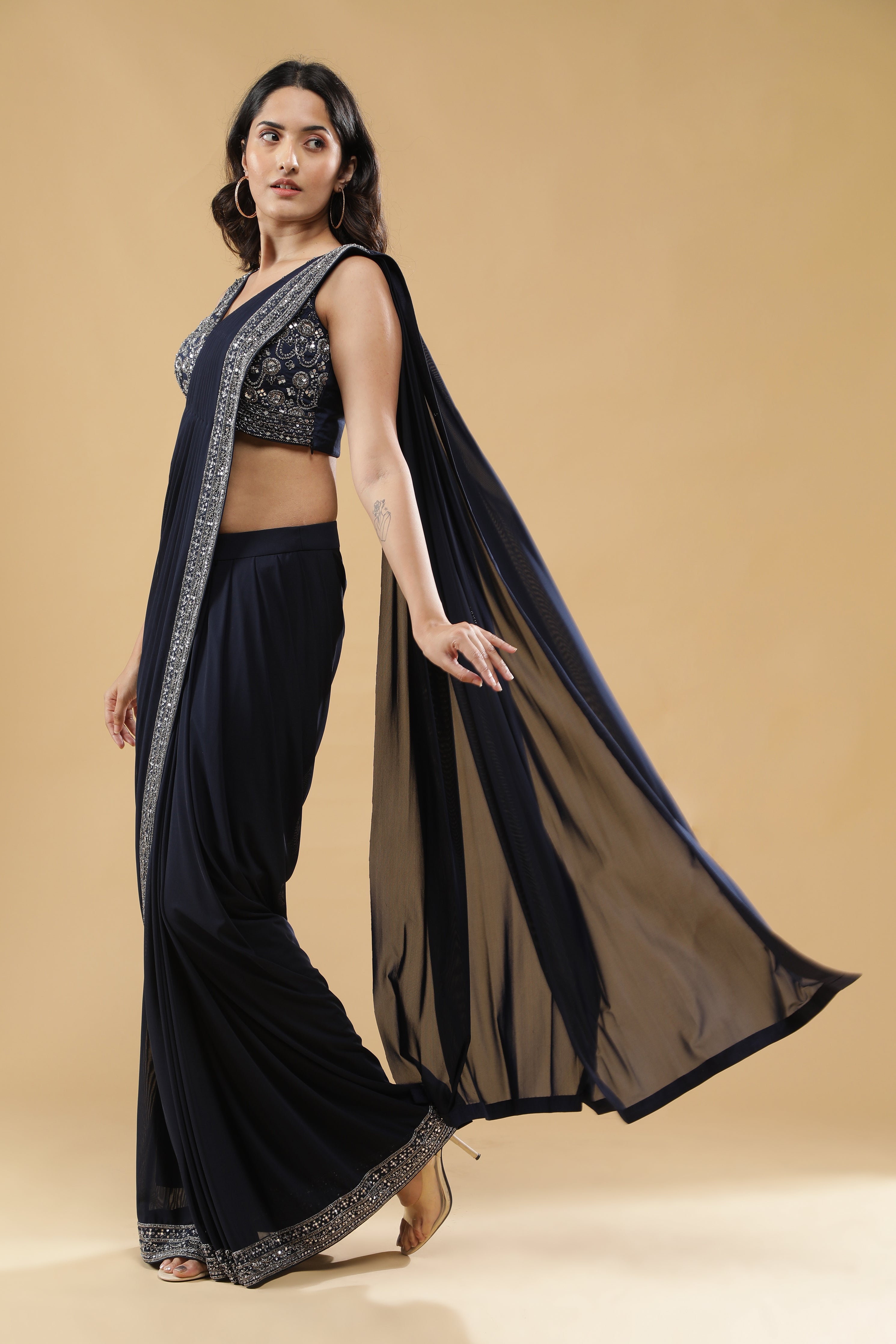 Navy Blue Drape Saree with Embroidered Silk Blouse