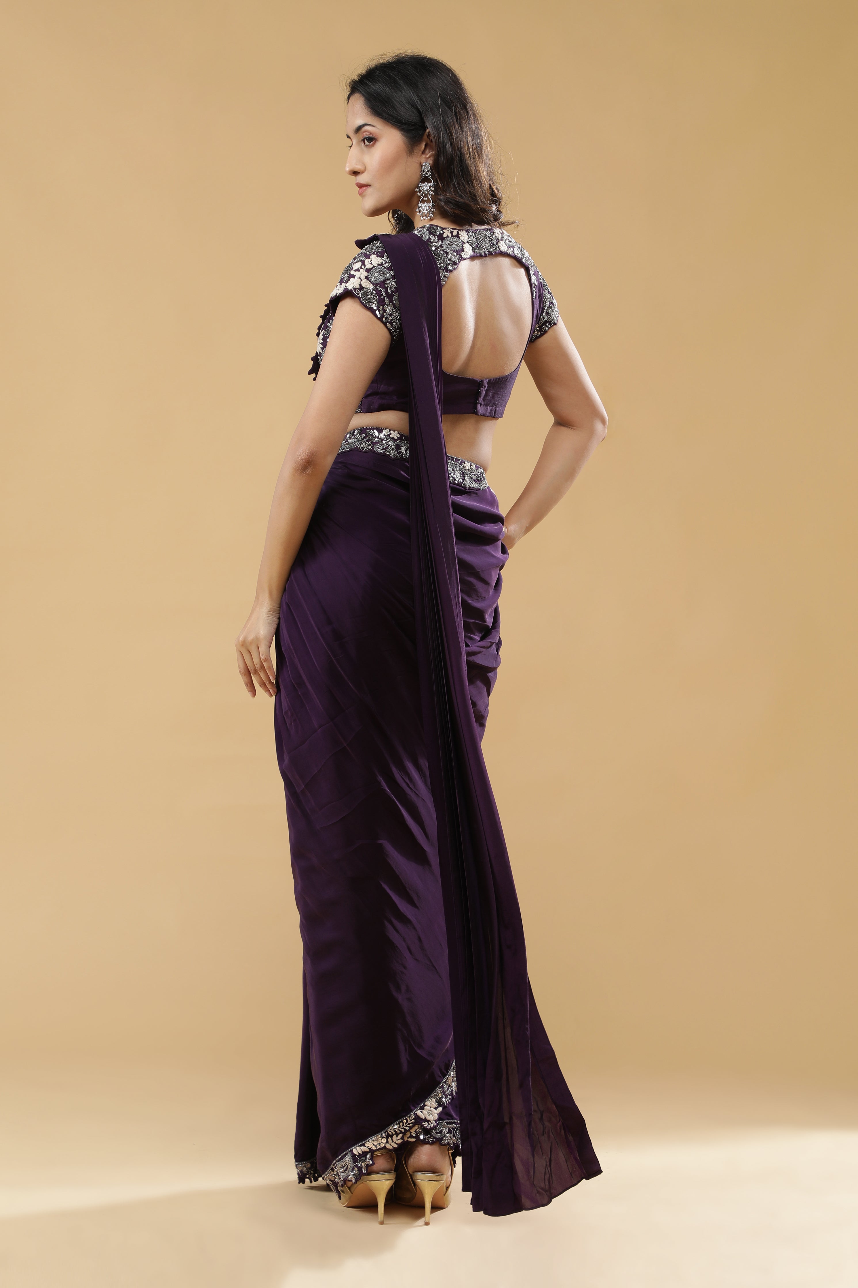 Purple Crepe Silk Drape Saree