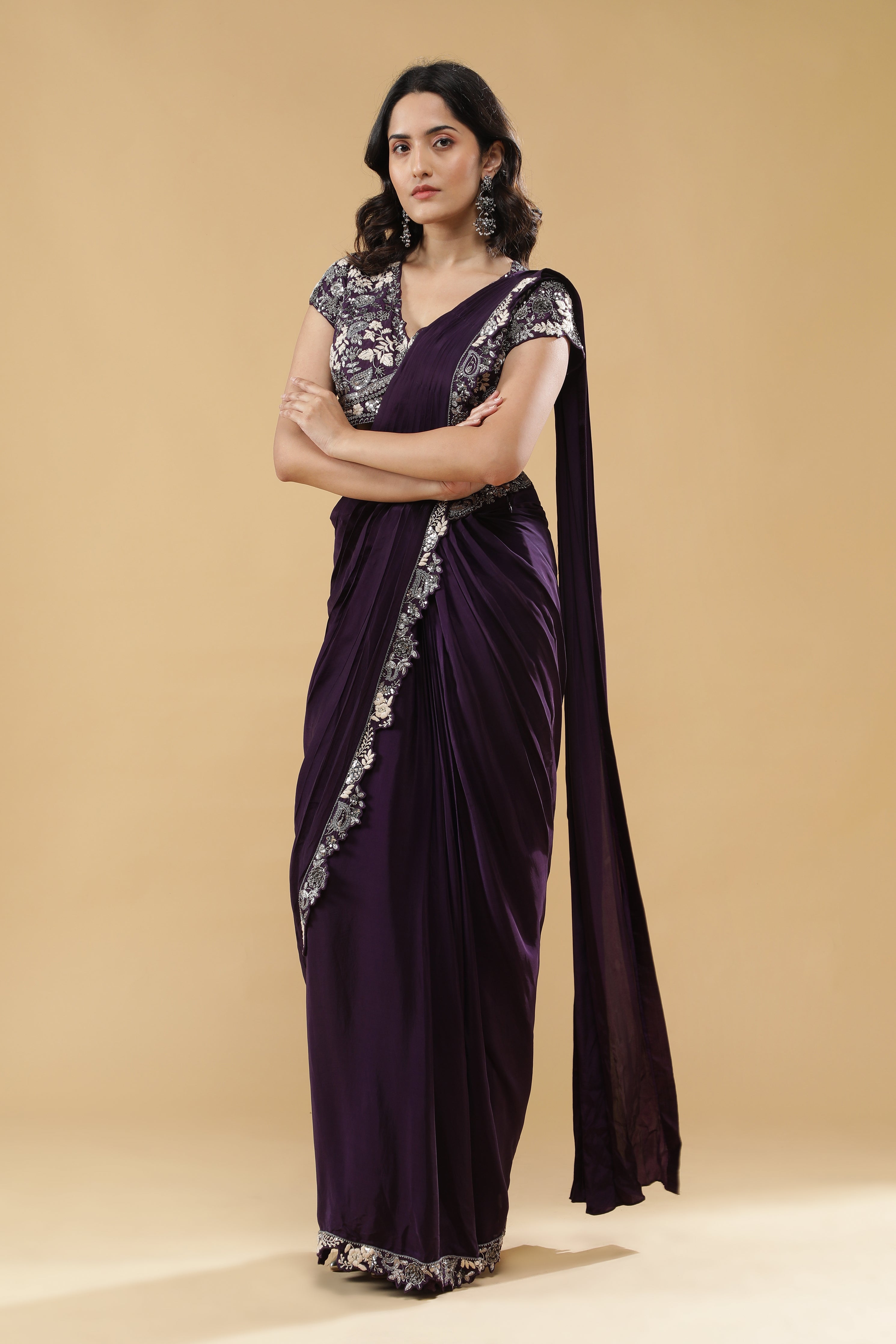 Purple Crepe Silk Drape Saree
