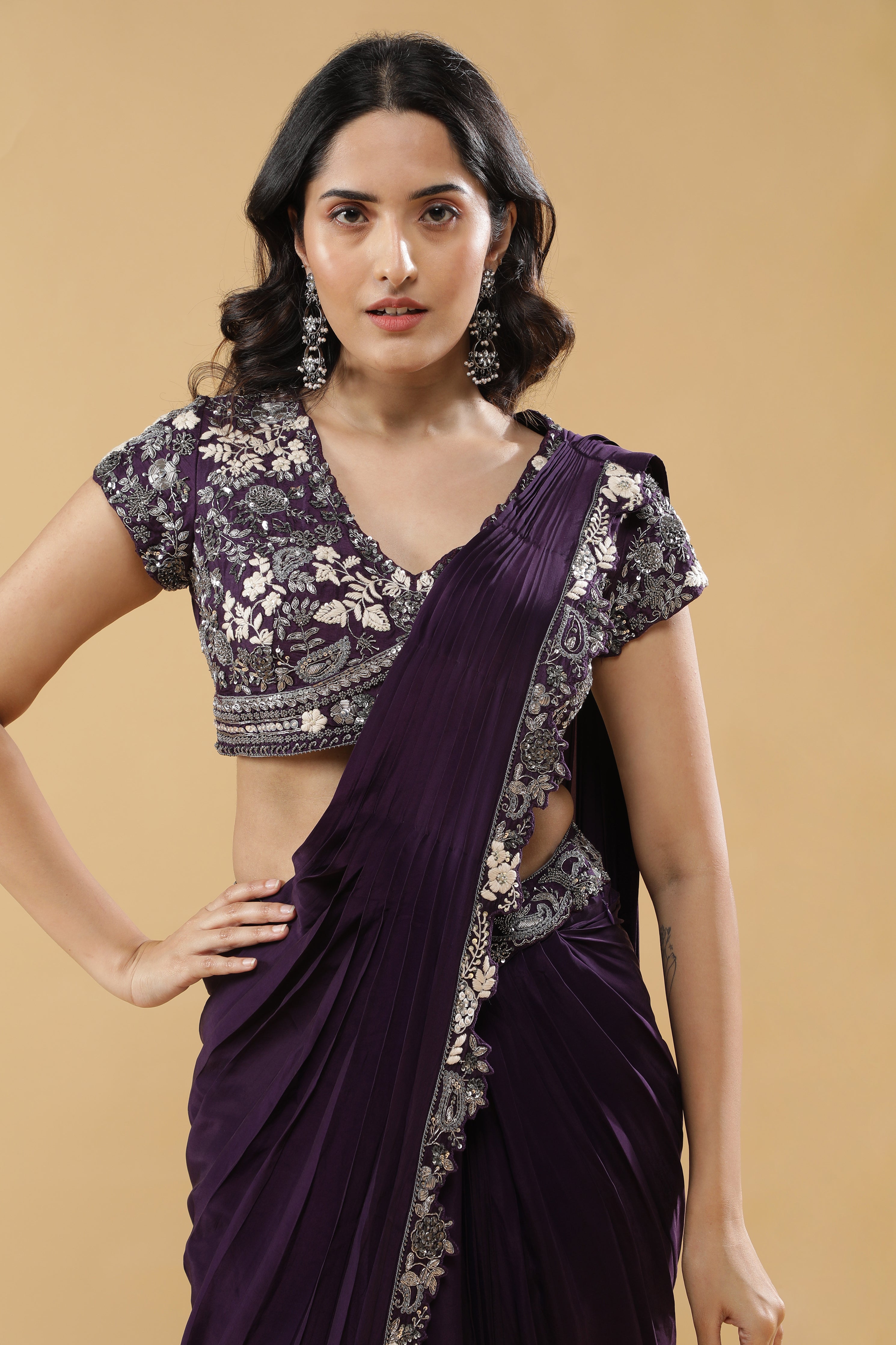 Purple Crepe Silk Drape Saree