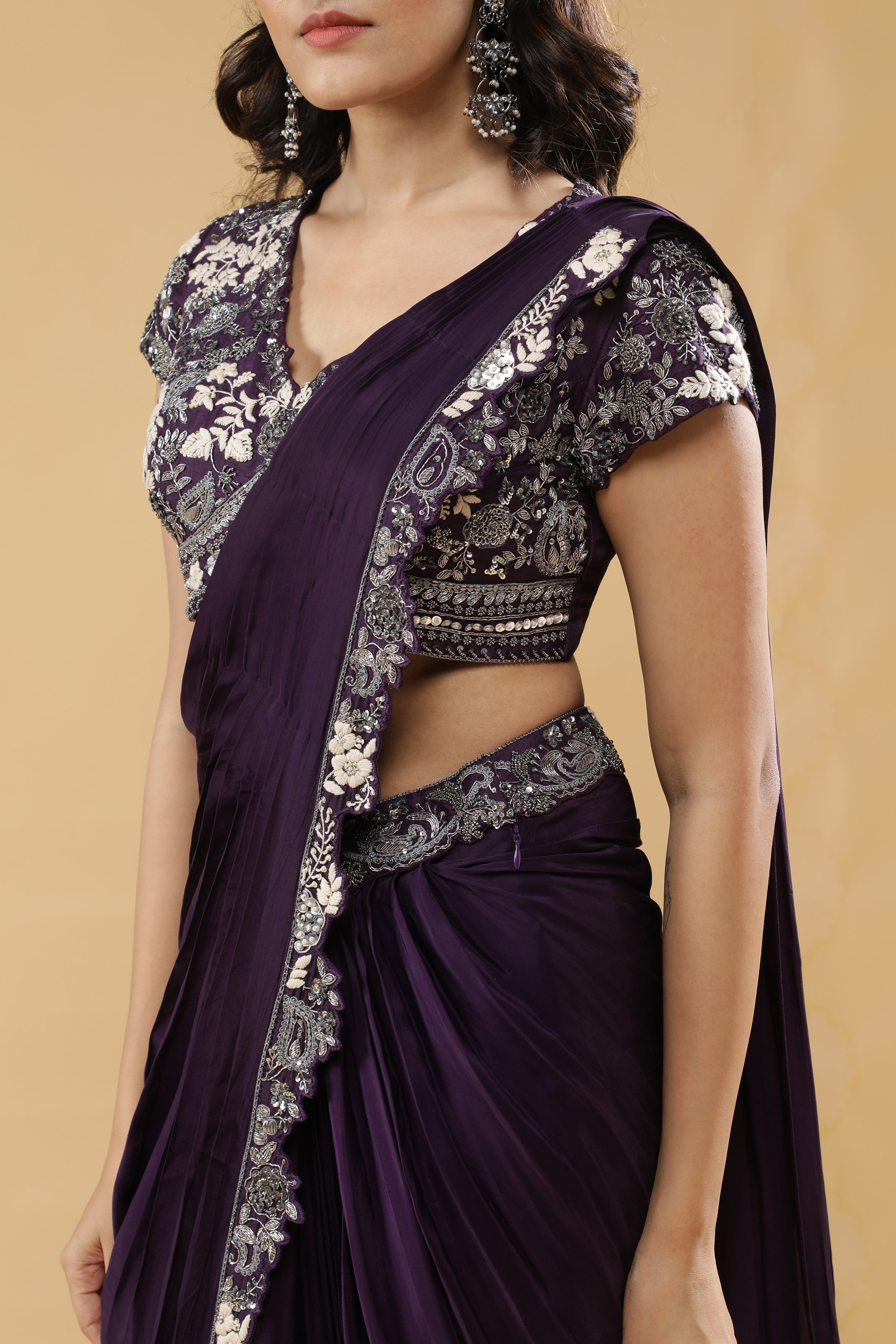 Purple Crepe Silk Drape Saree