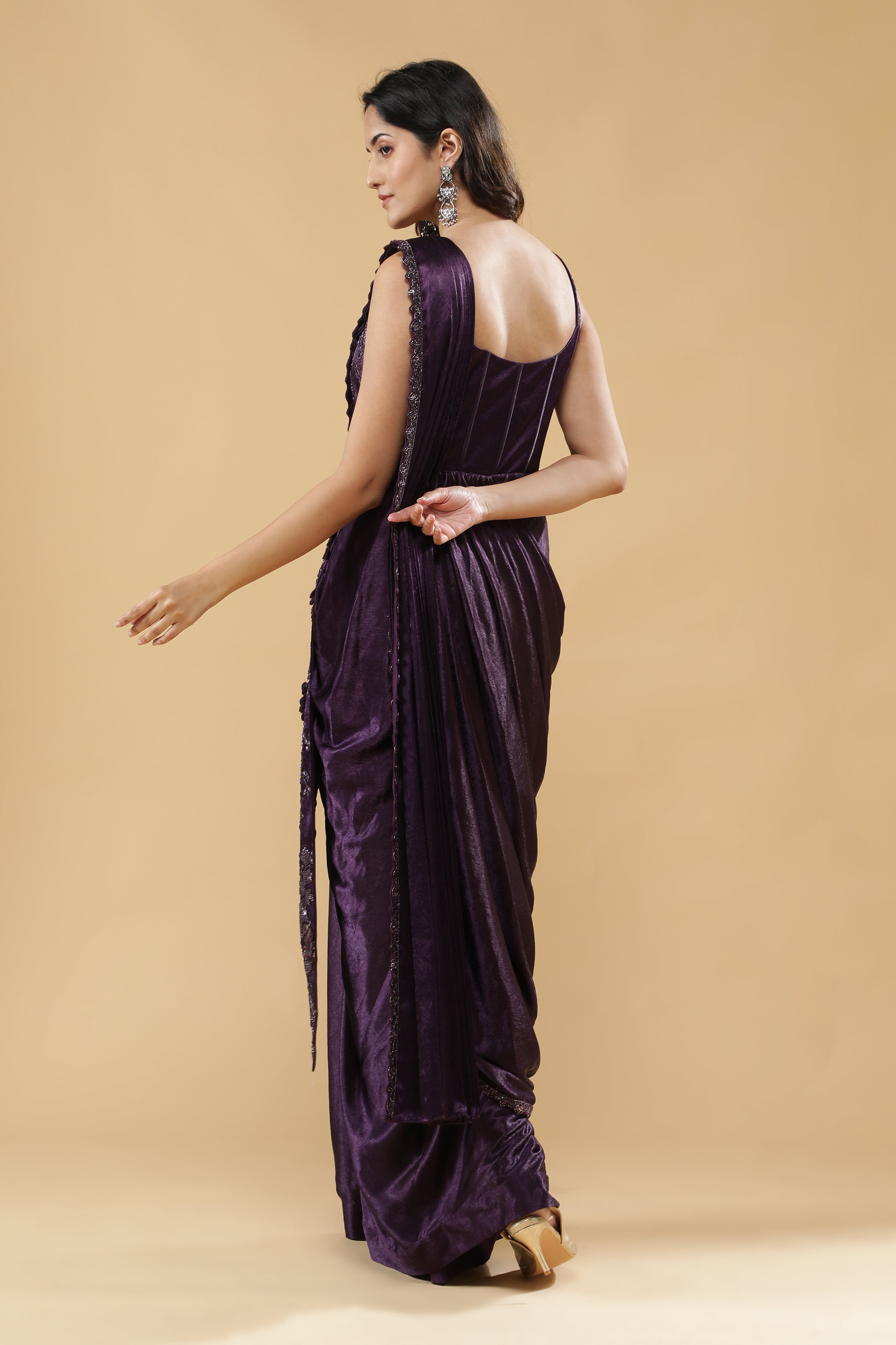 Deep Purple Silk Corset Gown with Embroidered Drape