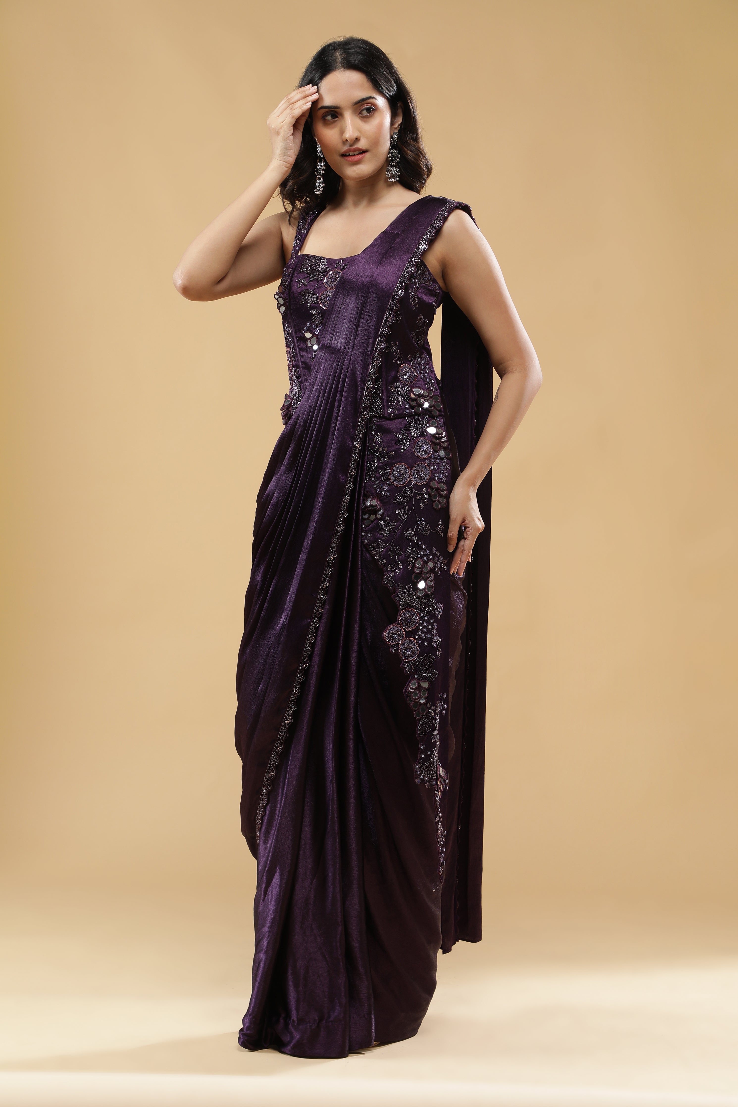 Deep Purple Silk Corset Gown with Embroidered Drape