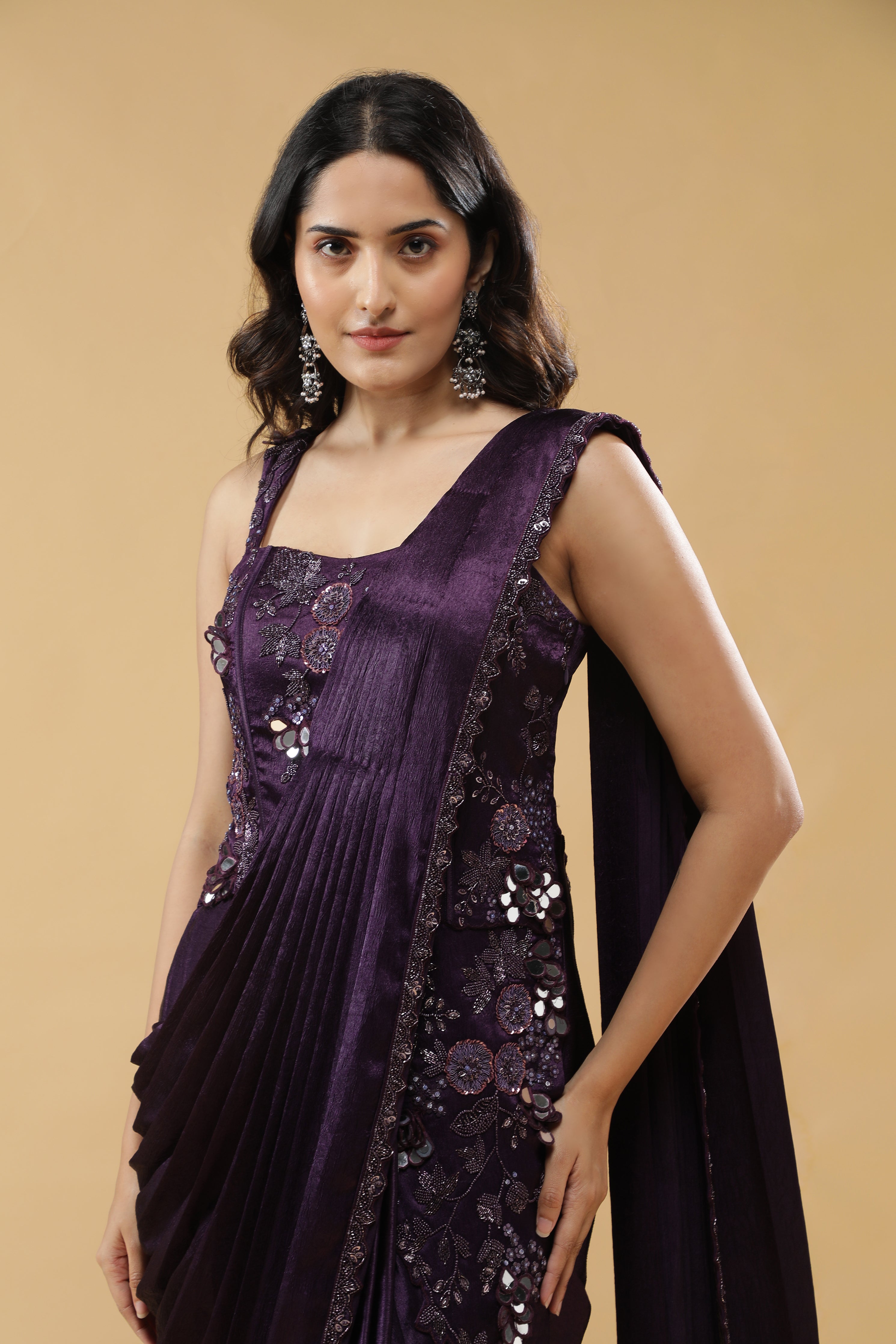 Deep Purple Silk Corset Gown with Embroidered Drape