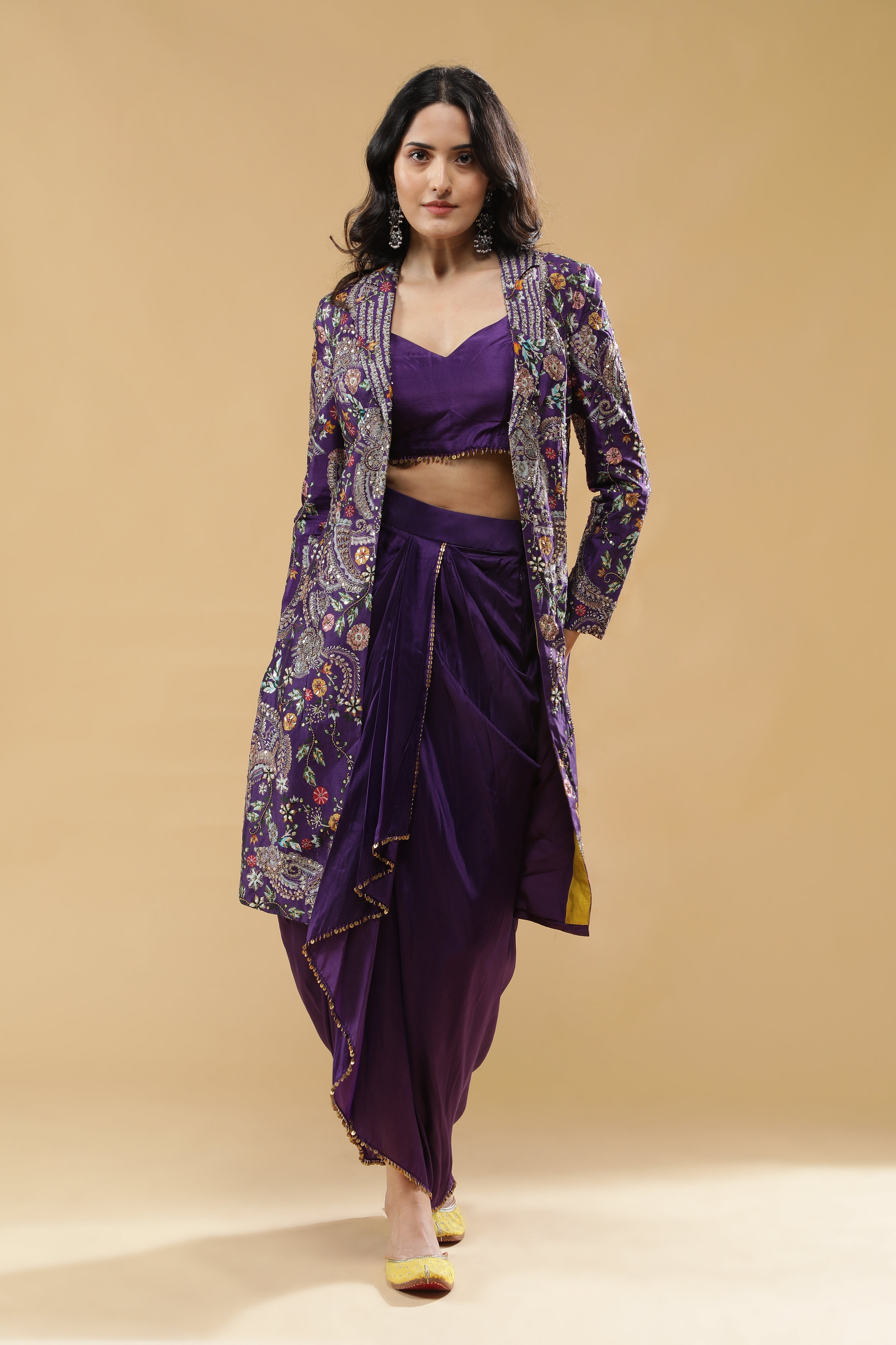 Purple Silk Drape Skirt Set