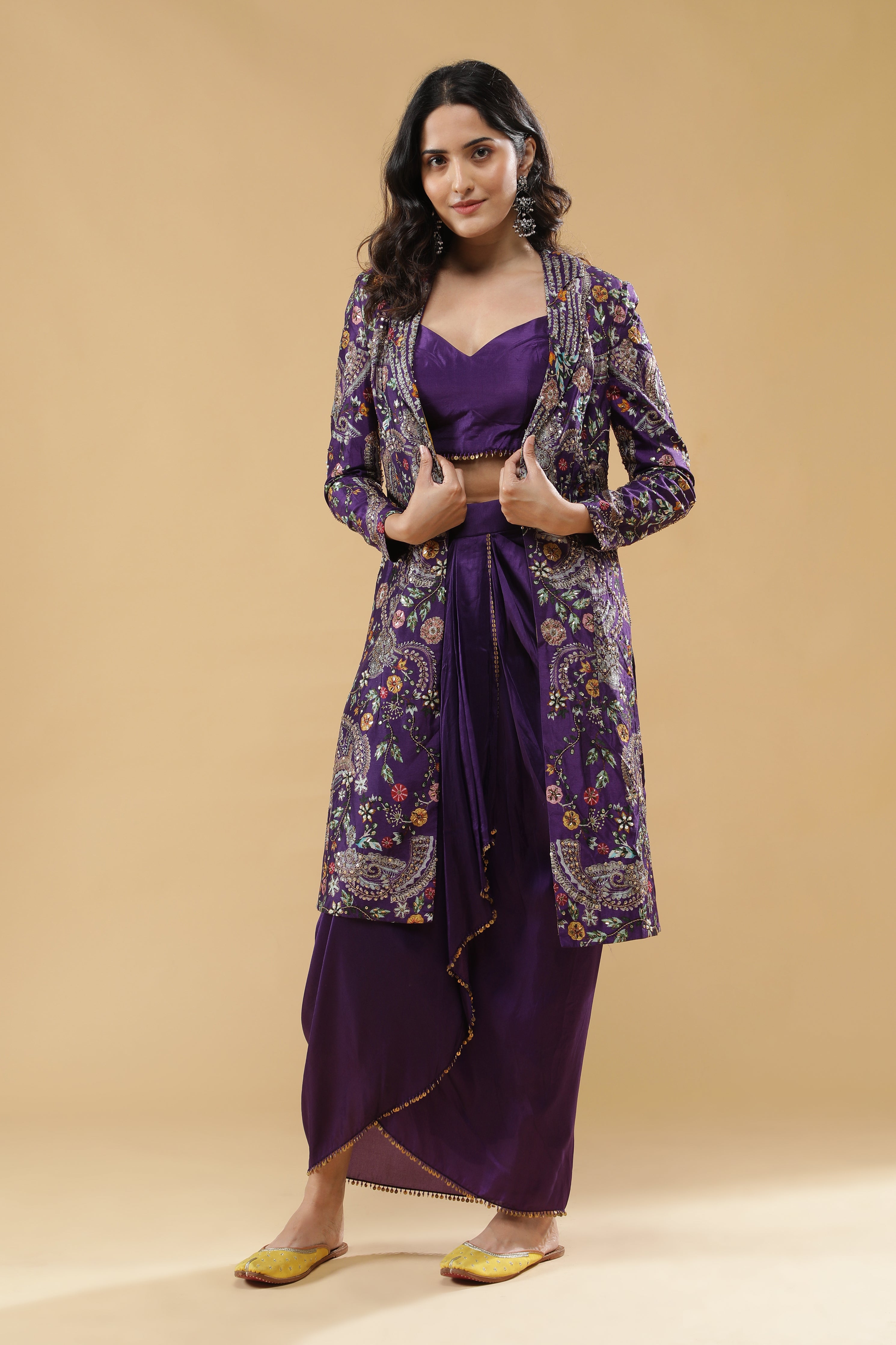 Purple Silk Drape Skirt Set