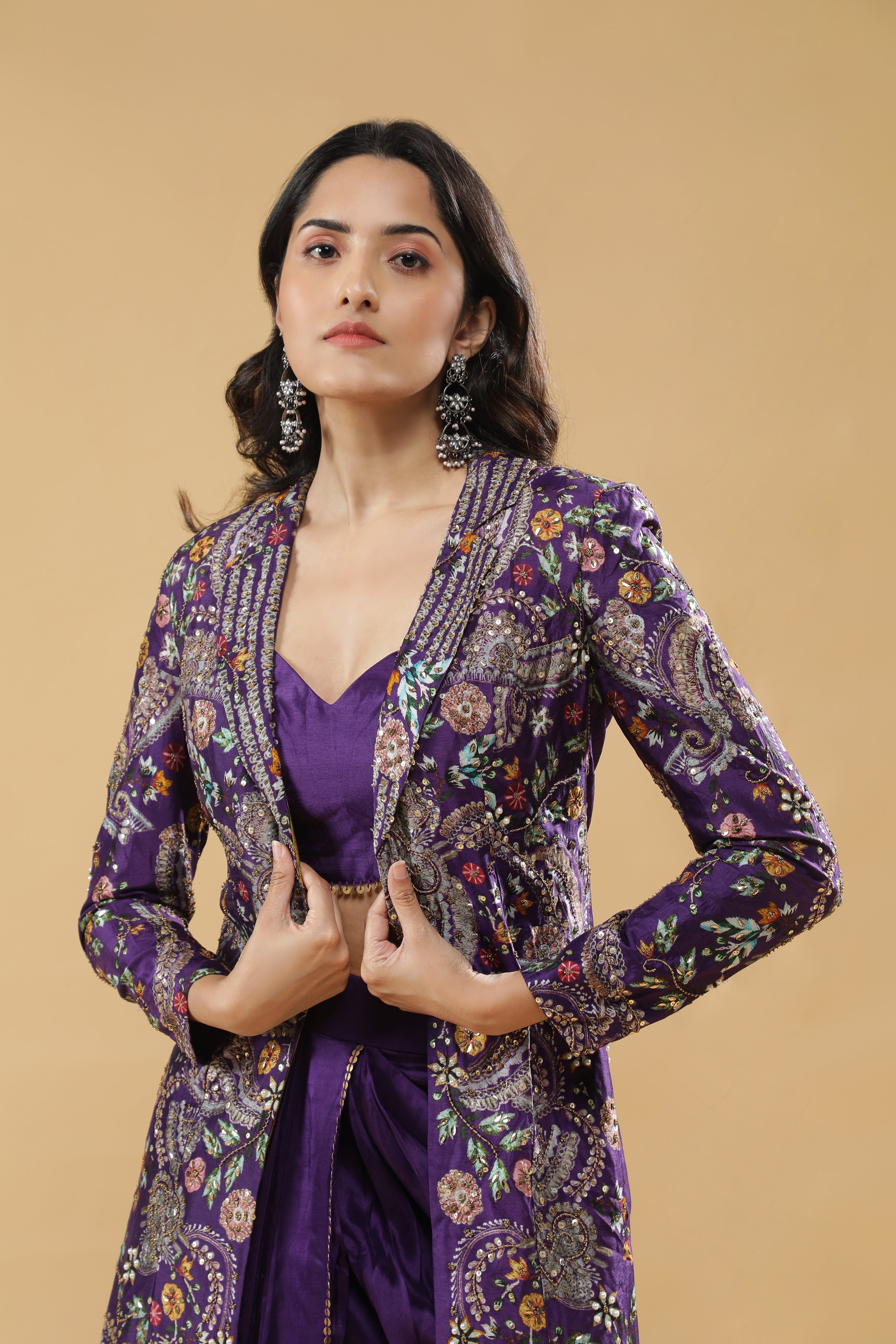 Purple Silk Drape Skirt Set