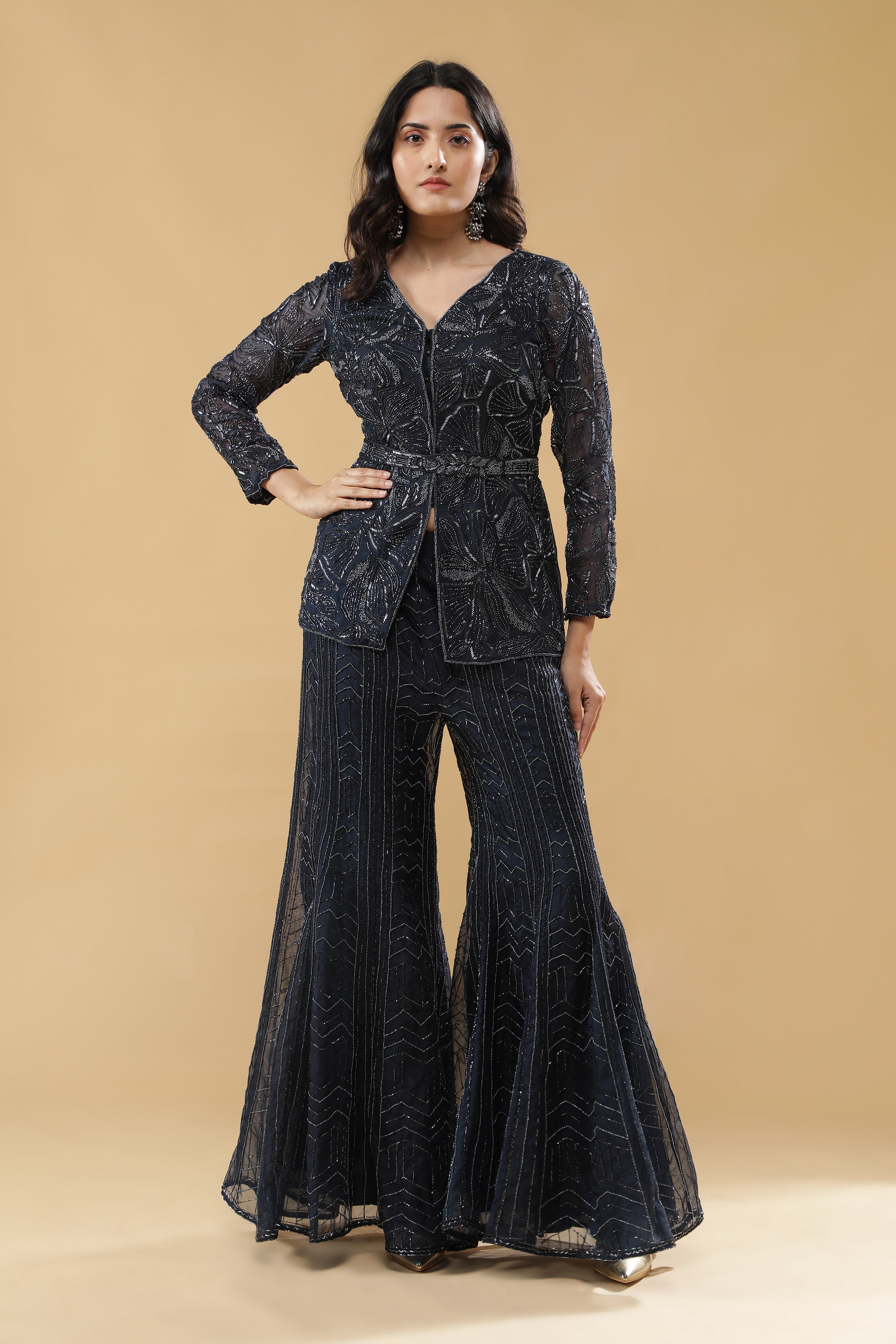 Navy Blue Organza Embroidered Top & Pants Set with Belt