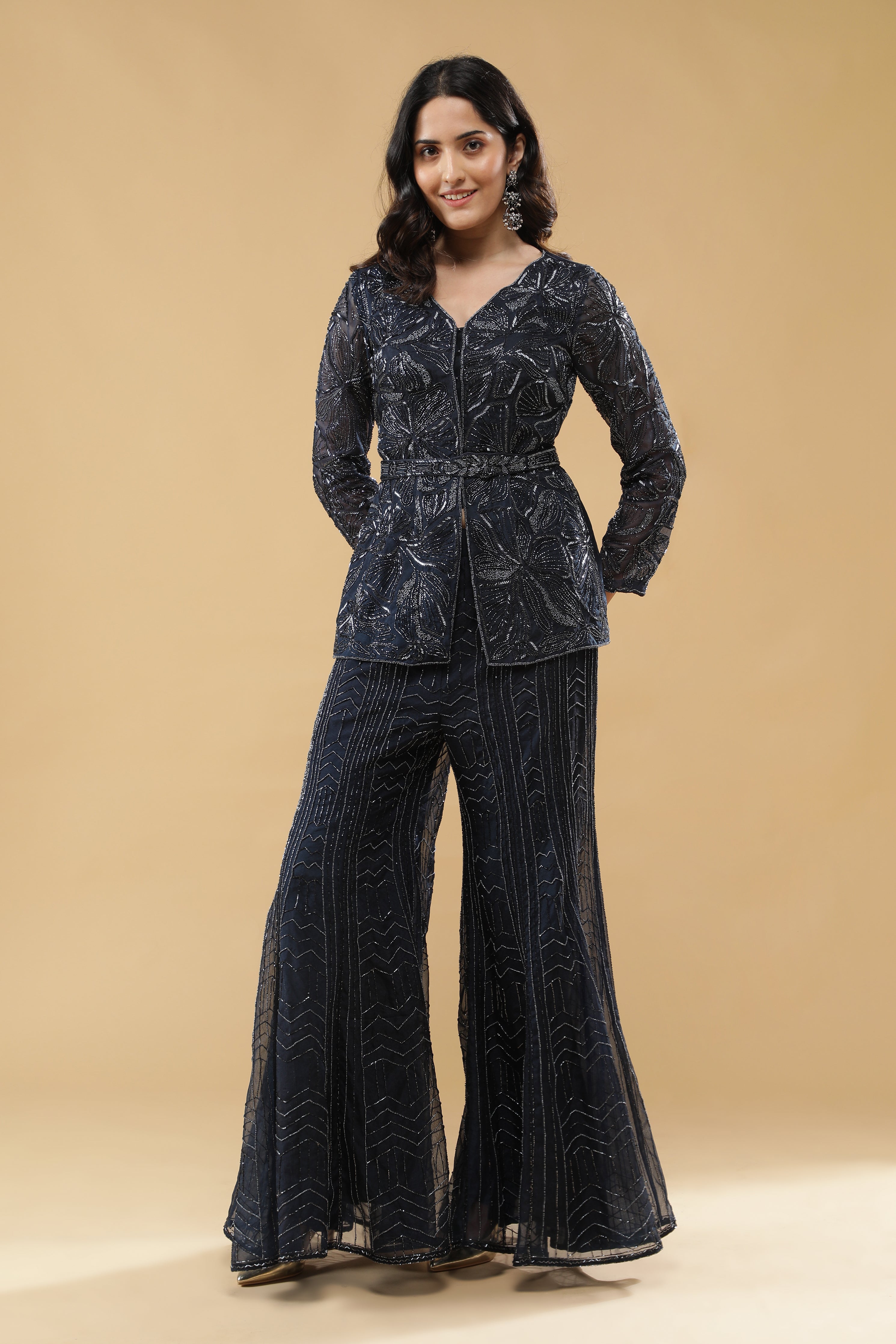 Navy Blue Organza Embroidered Top & Pants Set with Belt