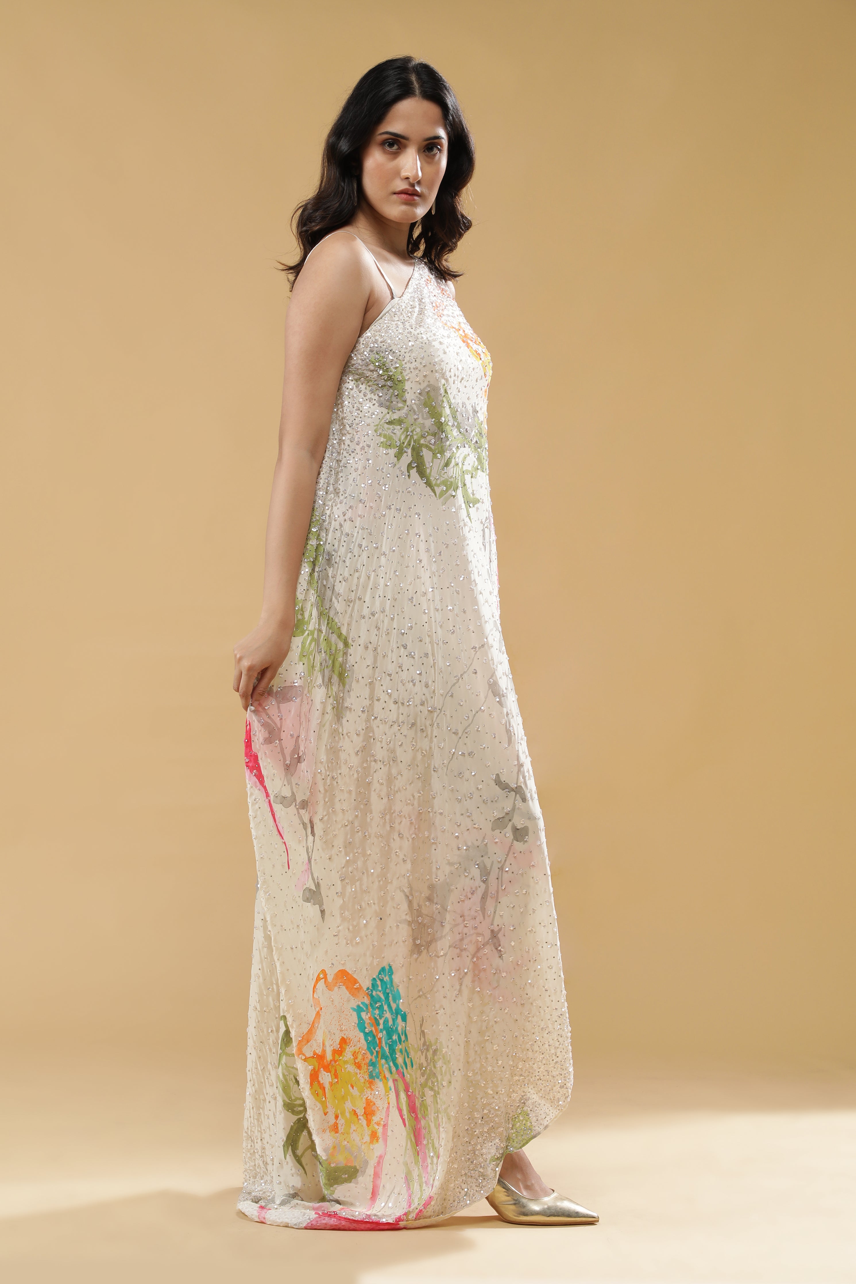 Cream Multi-Colour Printed Crepe Indo-Western Set